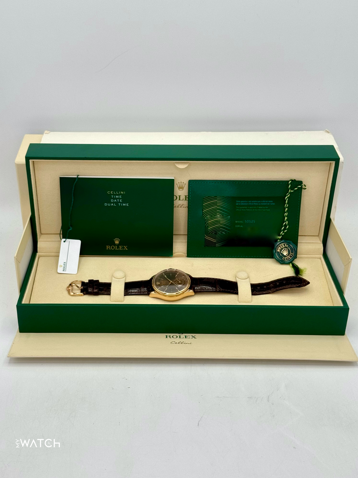 2020 Rolex Cellini Dual Time 39mm 50525 Rose Gold Brown Dial - MyWatchLLC