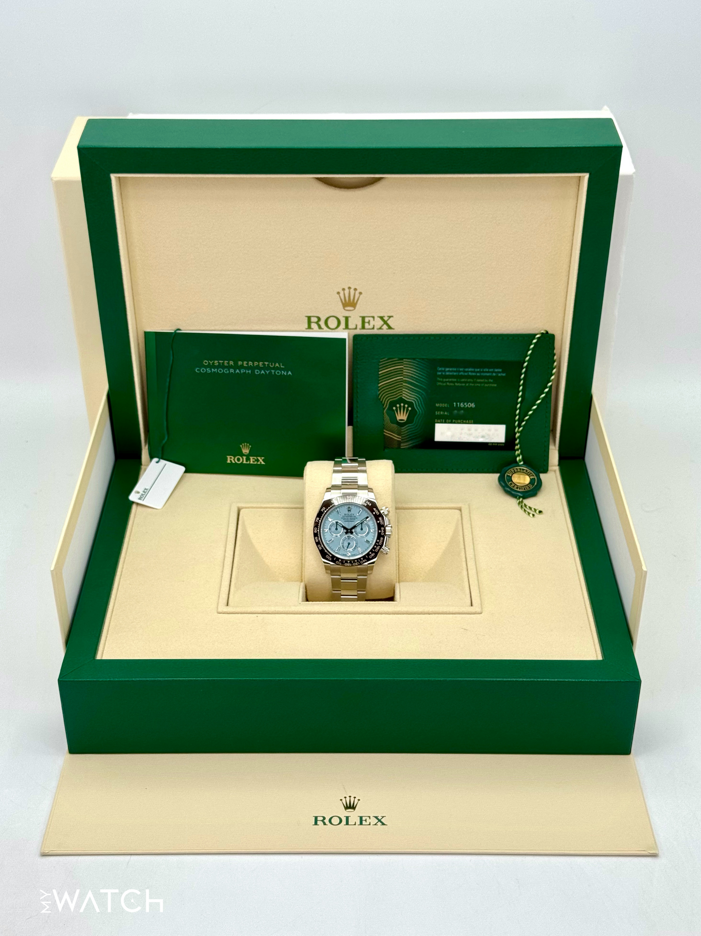 2022 Rolex Daytona 40mm 116506 Platinum Ice Blue Diamond Baguette Dial - MyWatchLLC