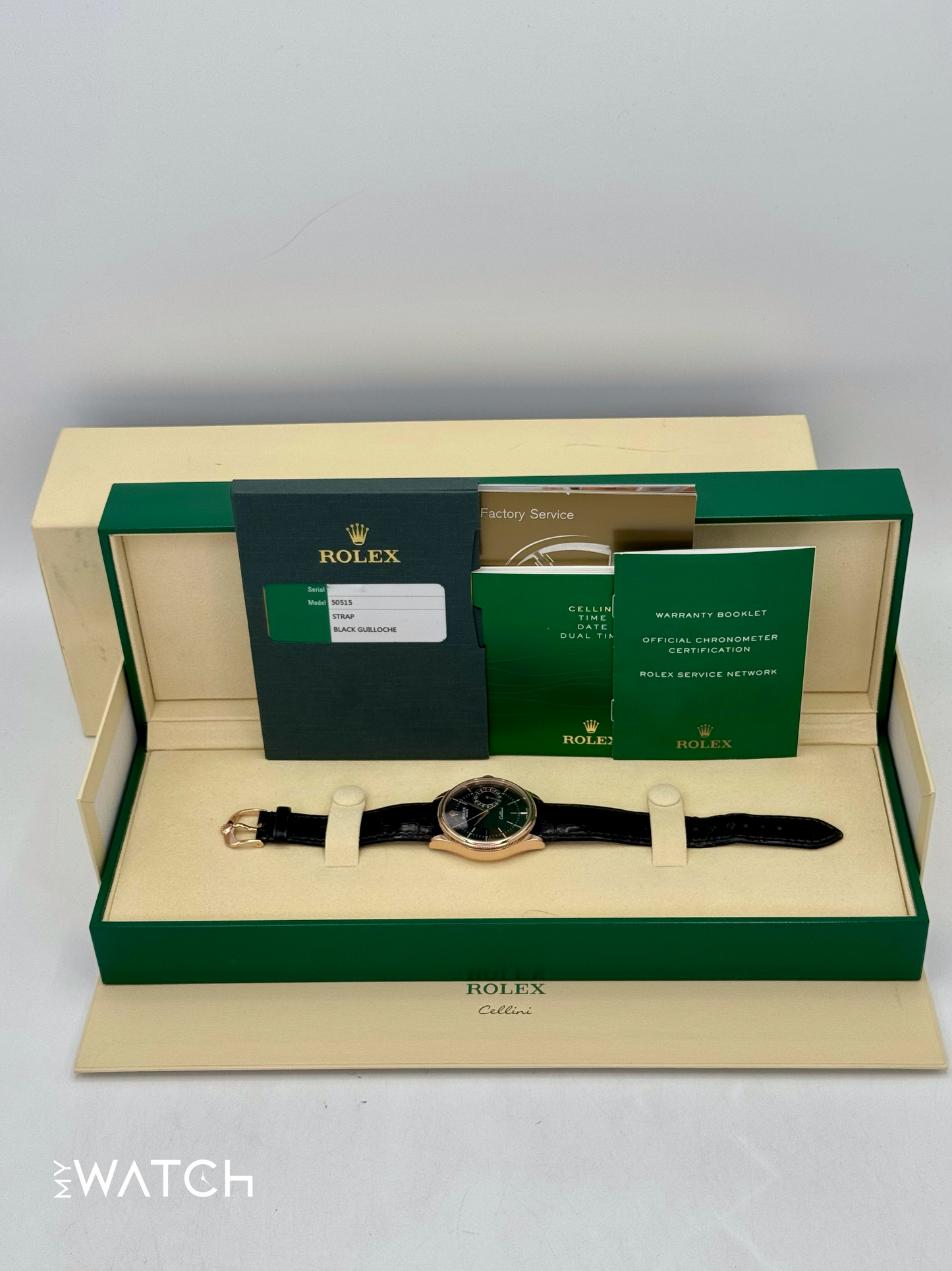 2014 Rolex Cellini Date 39mm 50515 Rose Gold Black Guilloche Dial - MyWatchLLC