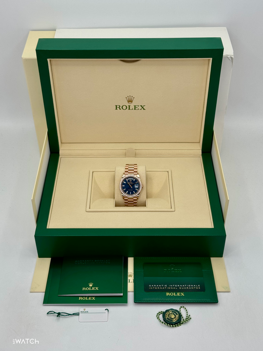 NEW 2025 Rolex Day-Date 36mm 128345RBR Rose Gold Blue Baguette Dial - MyWatchLLC