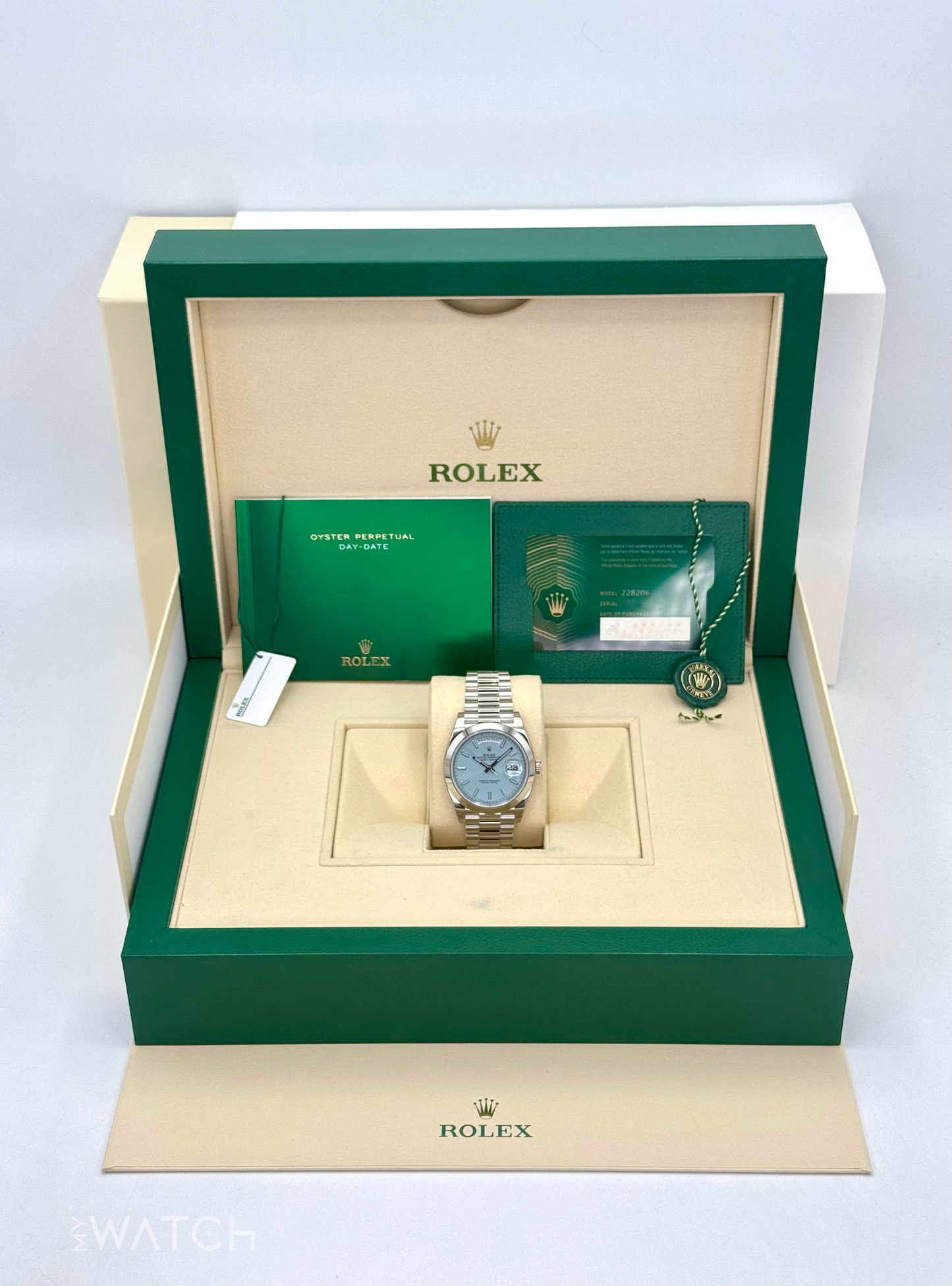 NEW 2024 Rolex Day-Date 40mm 228206 Platinum Blue Motif Dial - MyWatchLLC