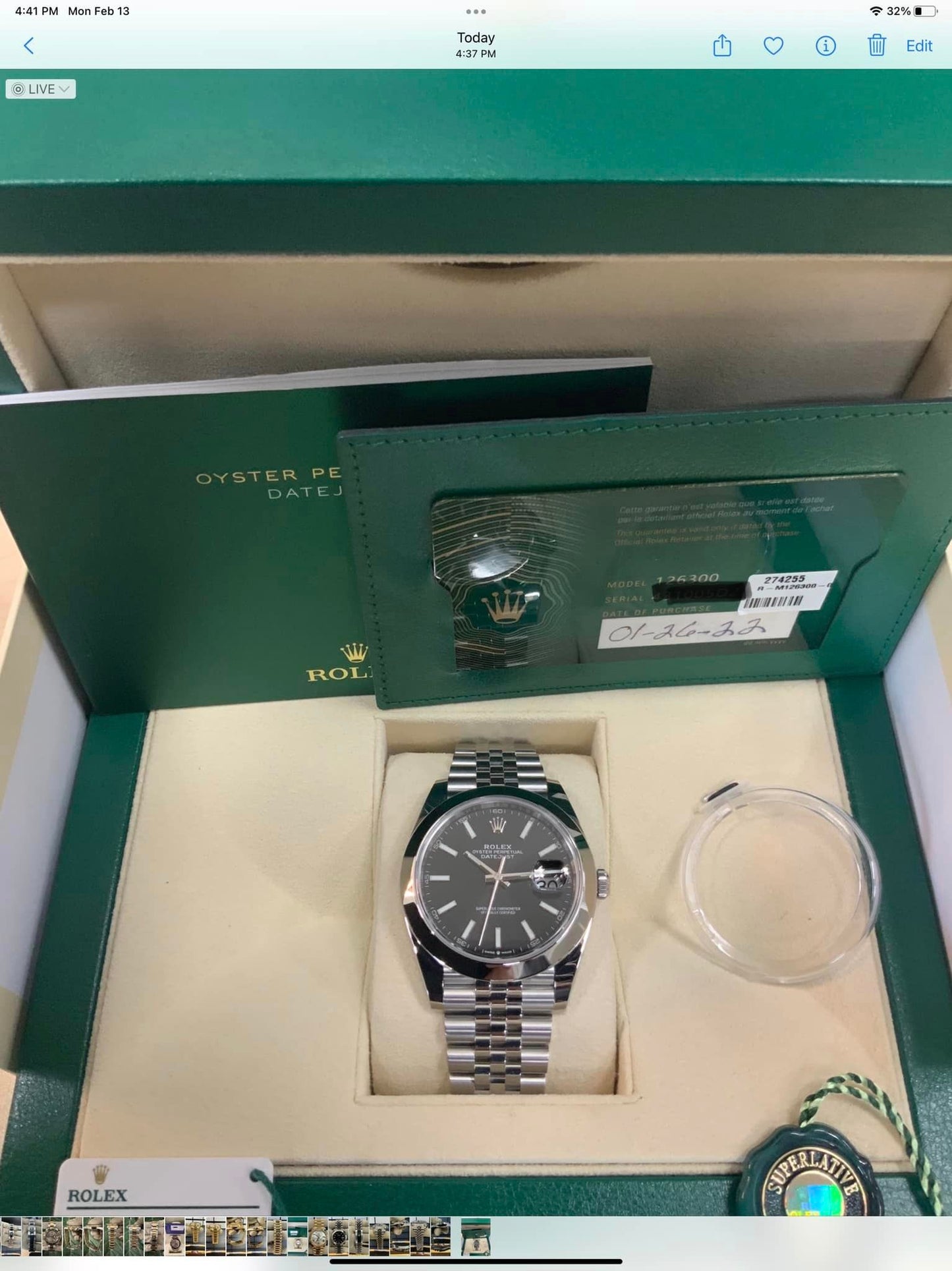 NEW 2022 Rolex Datejust 41mm 126300 SS Black Stick Dial Jubilee - MyWatchLLC