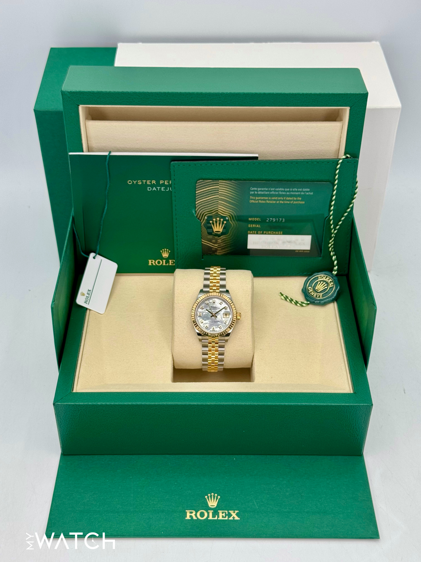 NEW 2025 Rolex Lady Datejust 28mm 279173 Jubilee MOP Diamond Dial - MyWatchLLC