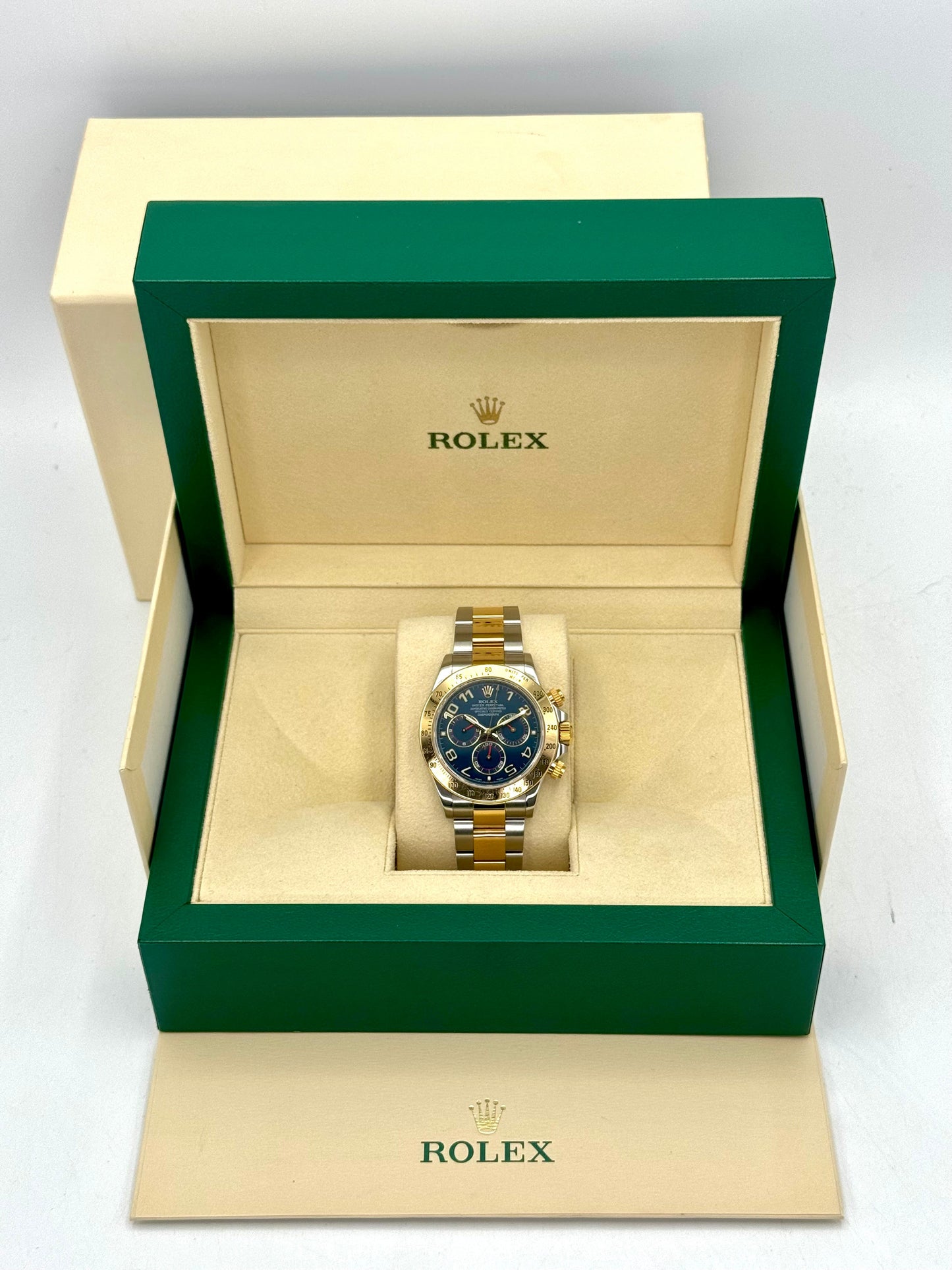 Rolex Daytona 40mm 116523 Two-Tone Blue Arabic Racing Dial - MyWatchLLC