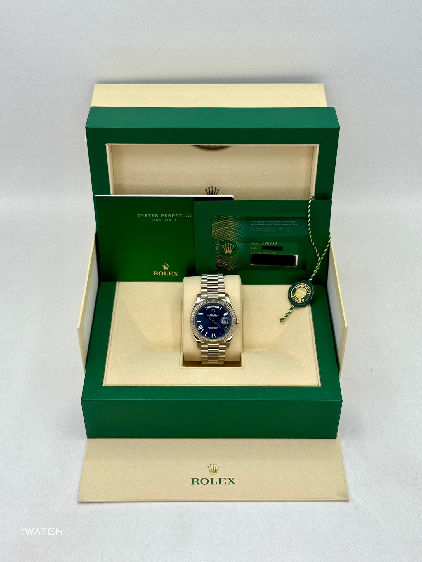 2021 Rolex Day-Date 40mm 228239 White Gold Blue Dial - MyWatchLLC