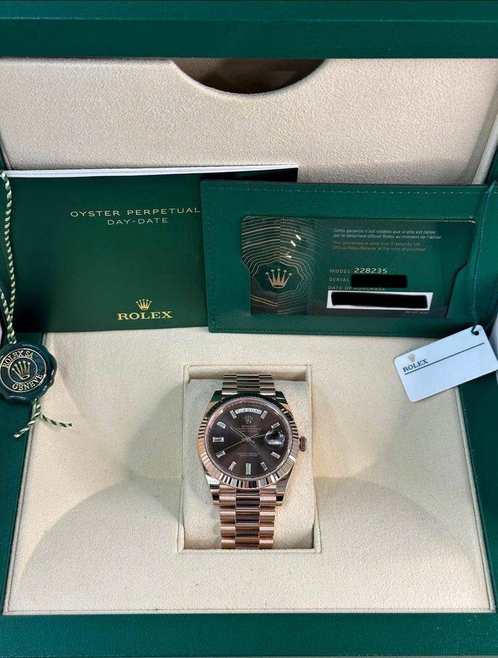 NEW 2025 Rolex Day-Date 40mm 228235 Rose Gold Chocolate Baguette Dial - MyWatchLLC