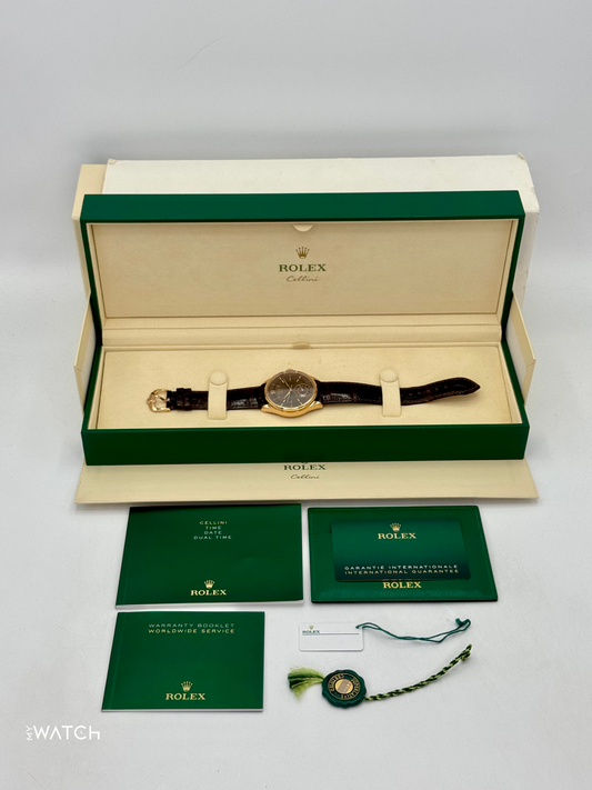 2020 Rolex Cellini Dual Time 39mm 50525 Rose Gold Brown Dial - MyWatchLLC