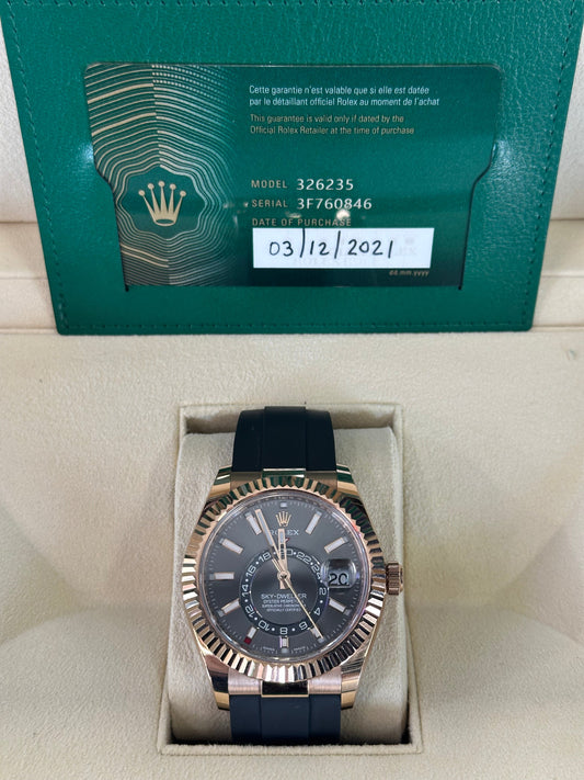 2021 Rolex Sky-Dweller 42mm 326235 Rose Gold Oysterflex Rhodium Dial - MyWatchLLC