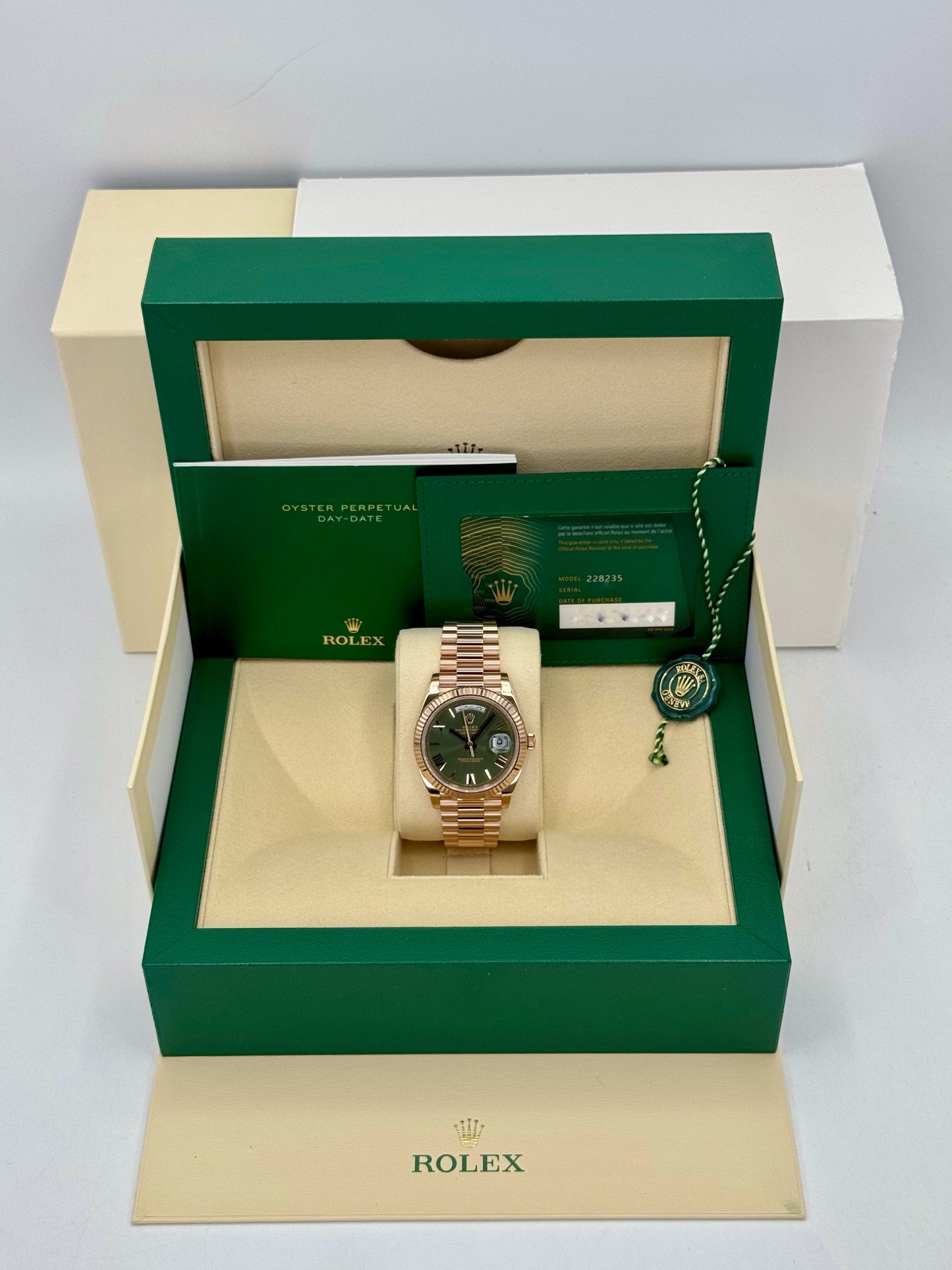 2022 Rolex Day-Date 40mm 228235 Rose Gold Olive Dial Arabic Calendar - MyWatchLLC