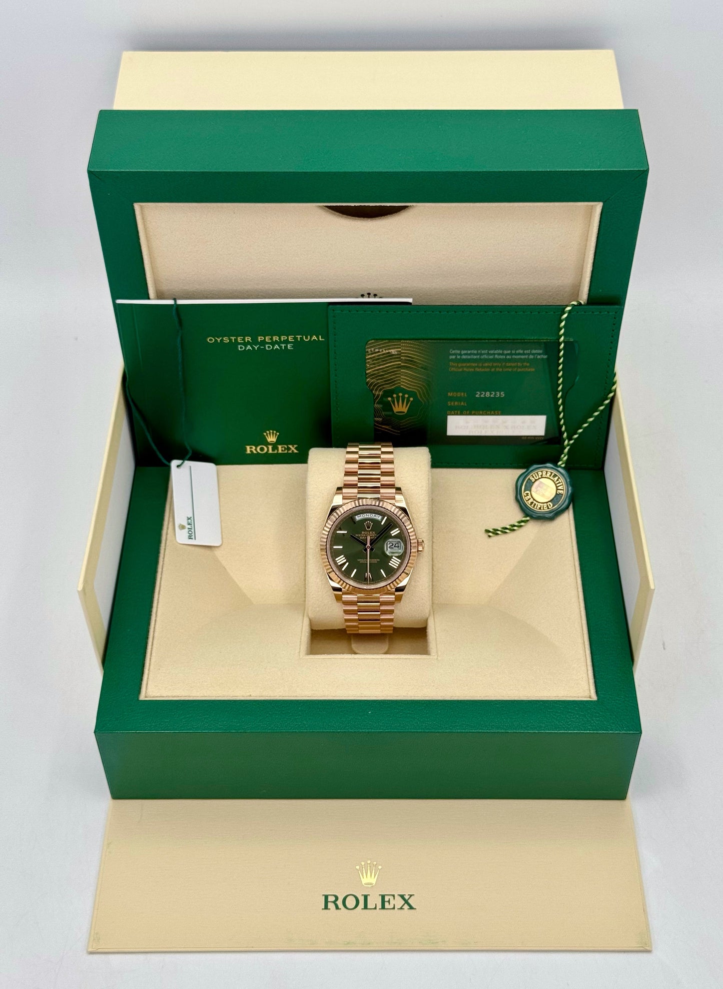 2024 Rolex Day-Date 40mm 228235 Presidential Rose Gold Olive Dial - MyWatchLLC