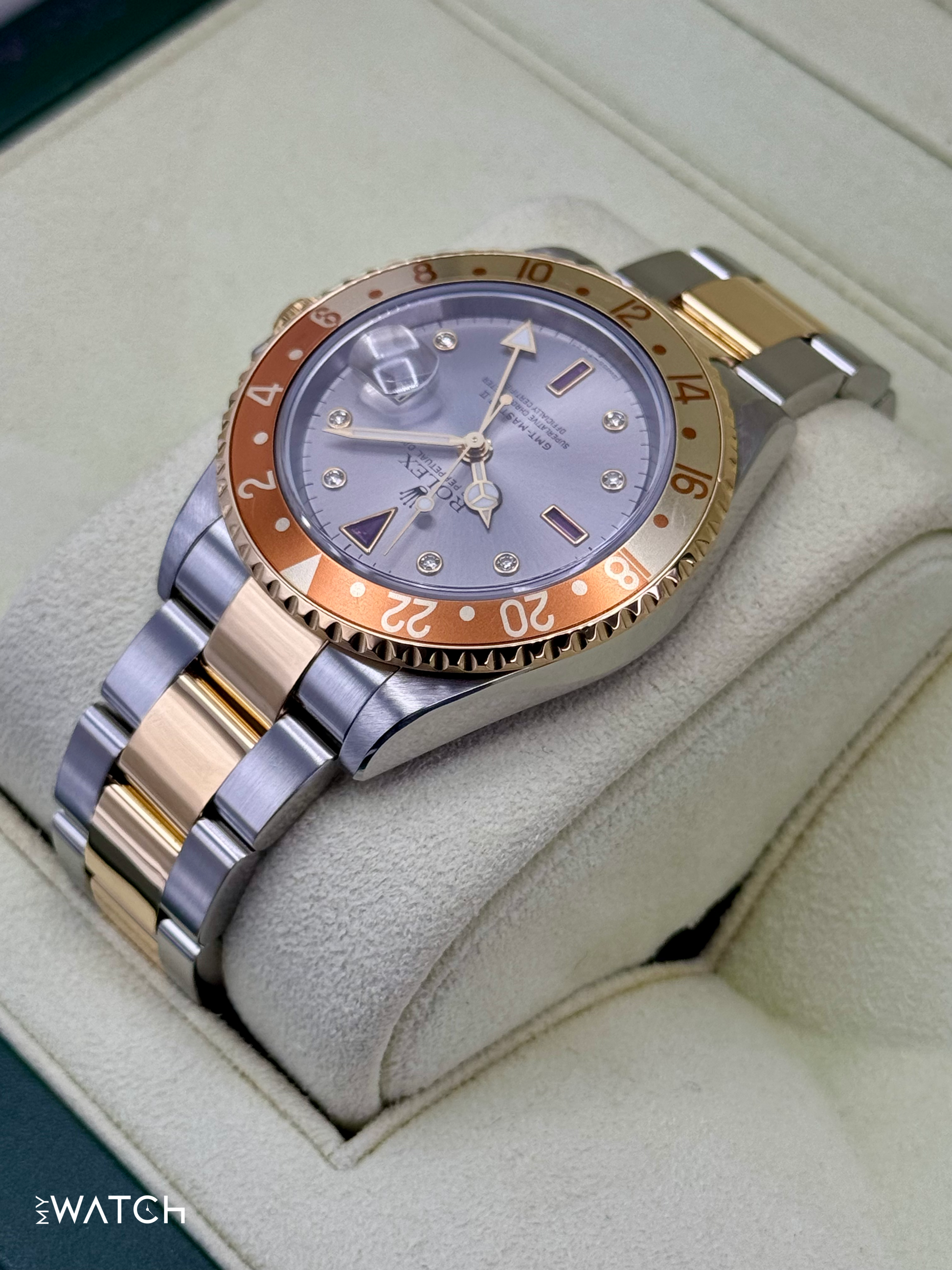 2007 Rolex GMT-Master II 40mm 16713 Slate Grey Serti Diamond Ruby Dial - MyWatchLLC