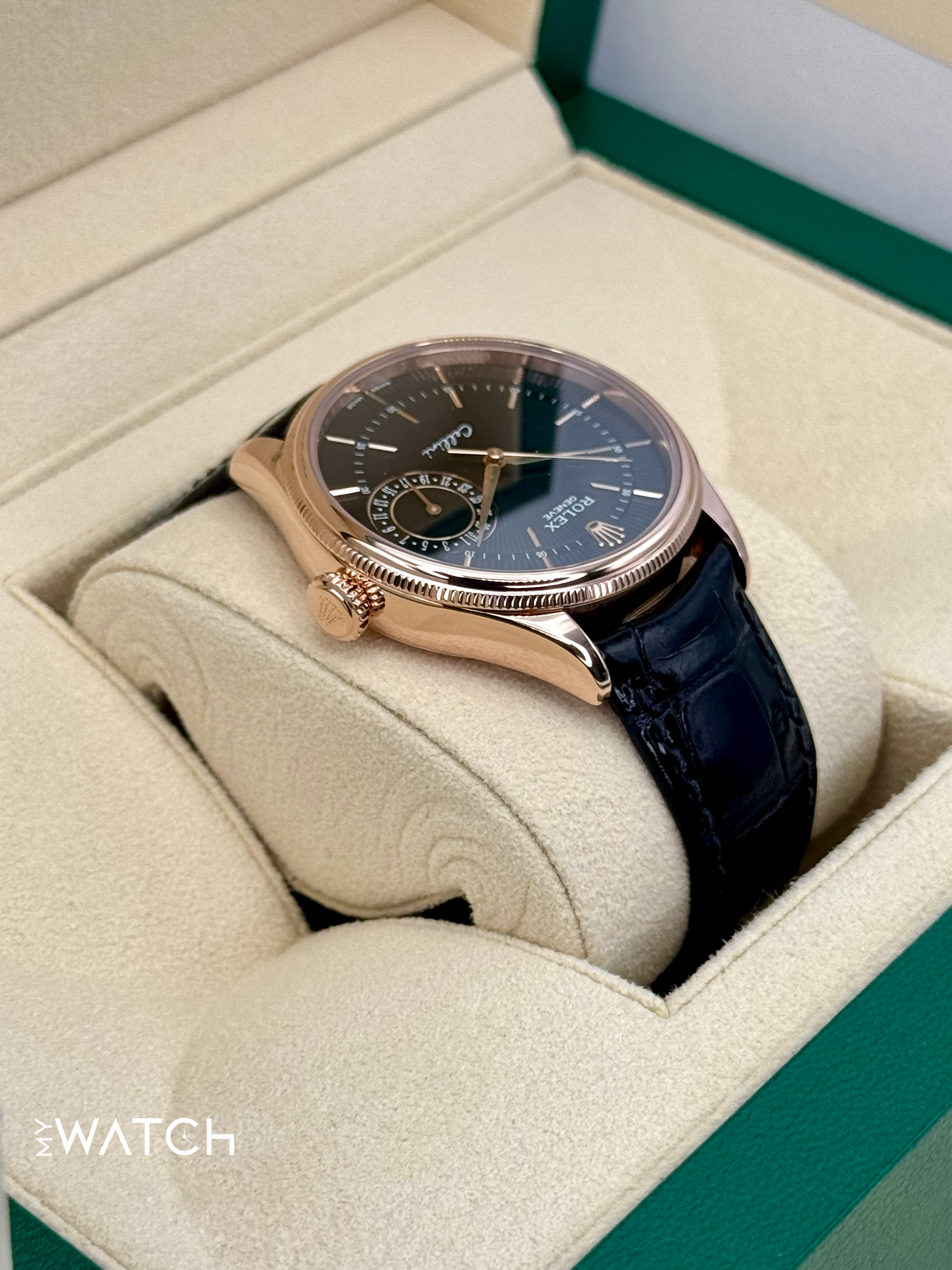 2014 Rolex Cellini Date 39mm 50515 Rose Gold Black Guilloche Dial - MyWatchLLC