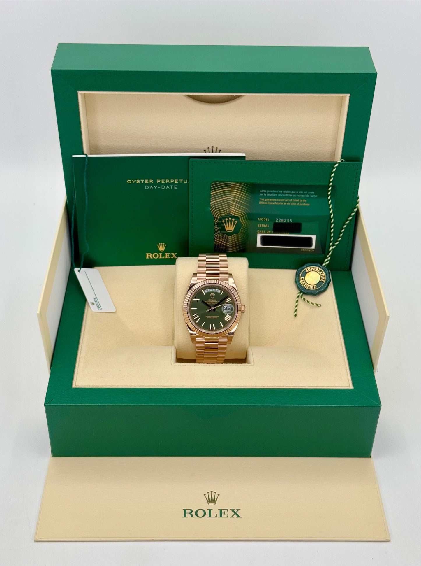 NEW 2025 Rolex Day-Date 40mm 228235 Presidential Rose Gold Olive Dial - MyWatchLLC