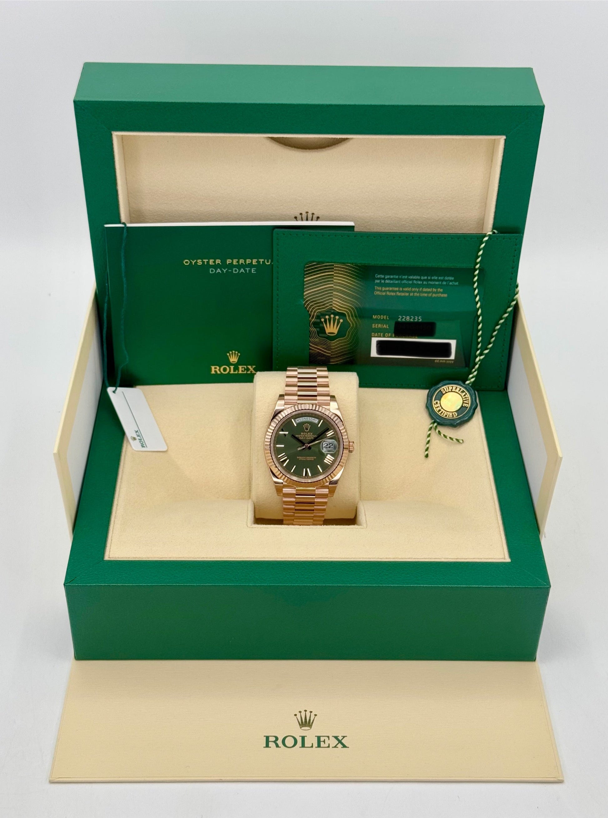 NEW 2025 Rolex Day-Date 40mm 228235 Presidential Rose Gold Olive Dial - MyWatchLLC