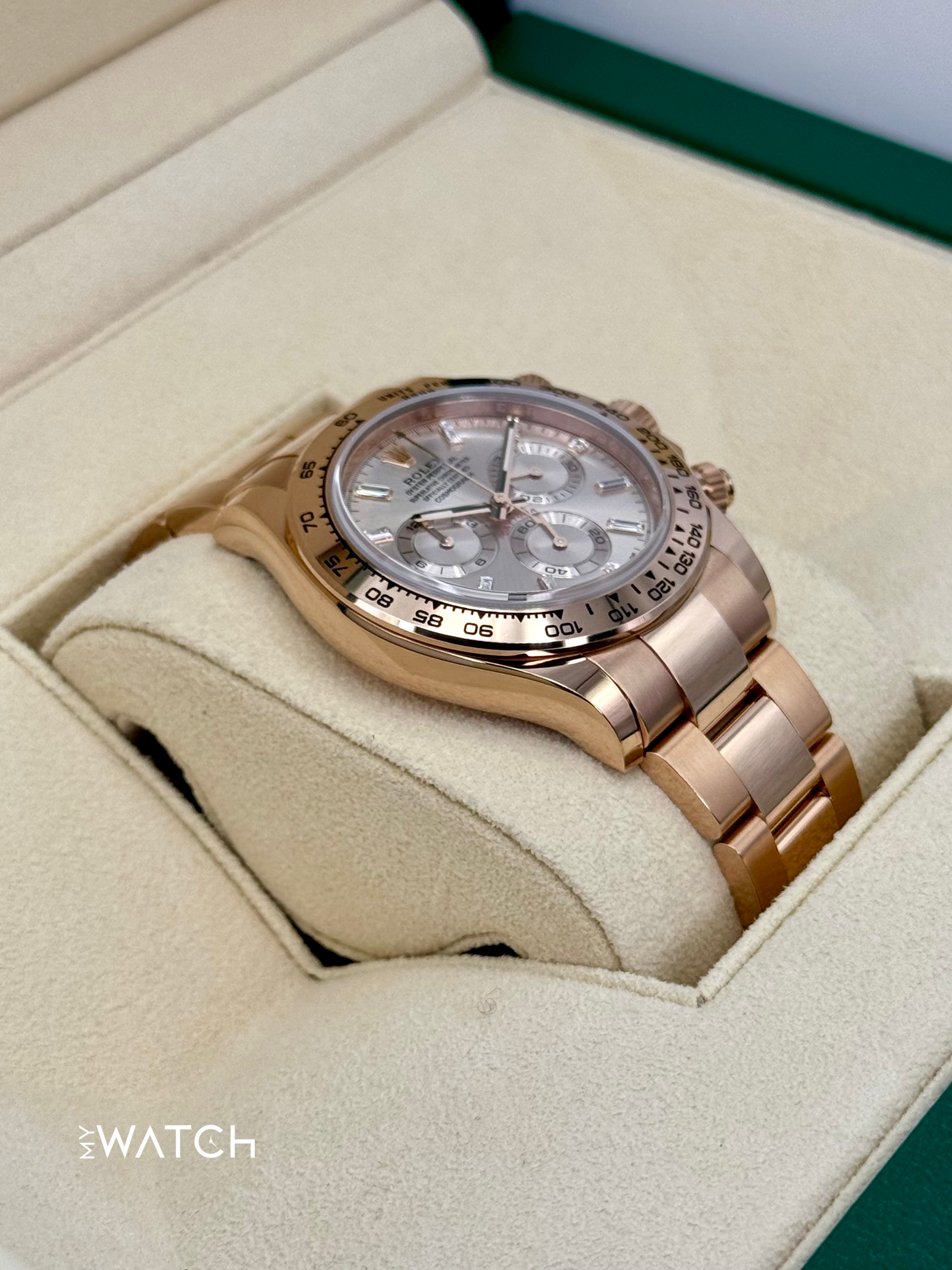 2022 Rolex Daytona 40mm 116505 Rose Gold Sundust Diamond Baguette Dial - MyWatchLLC