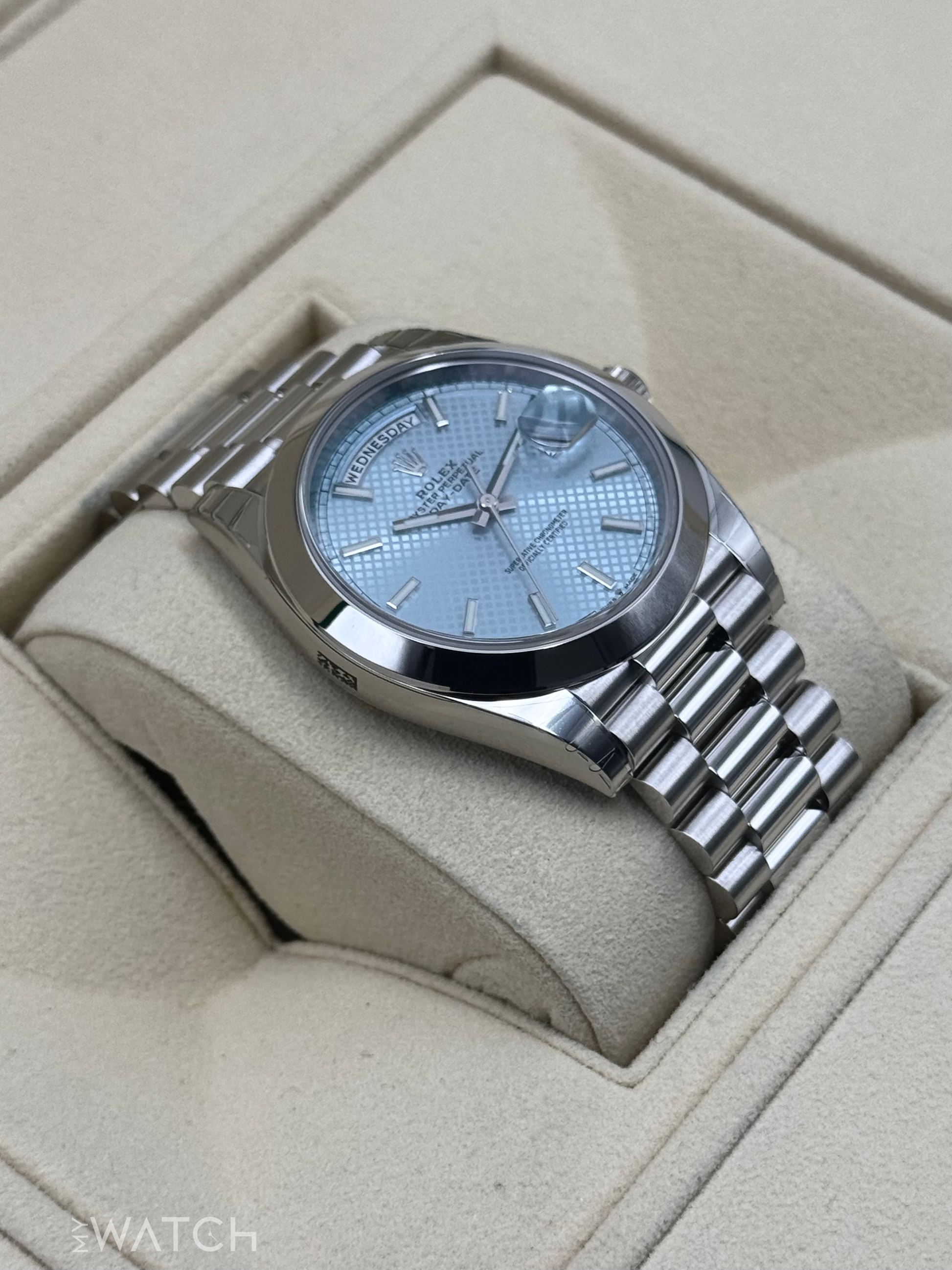NEW 2024 Rolex Day-Date 40mm 228206 Platinum Blue Motif Dial - MyWatchLLC