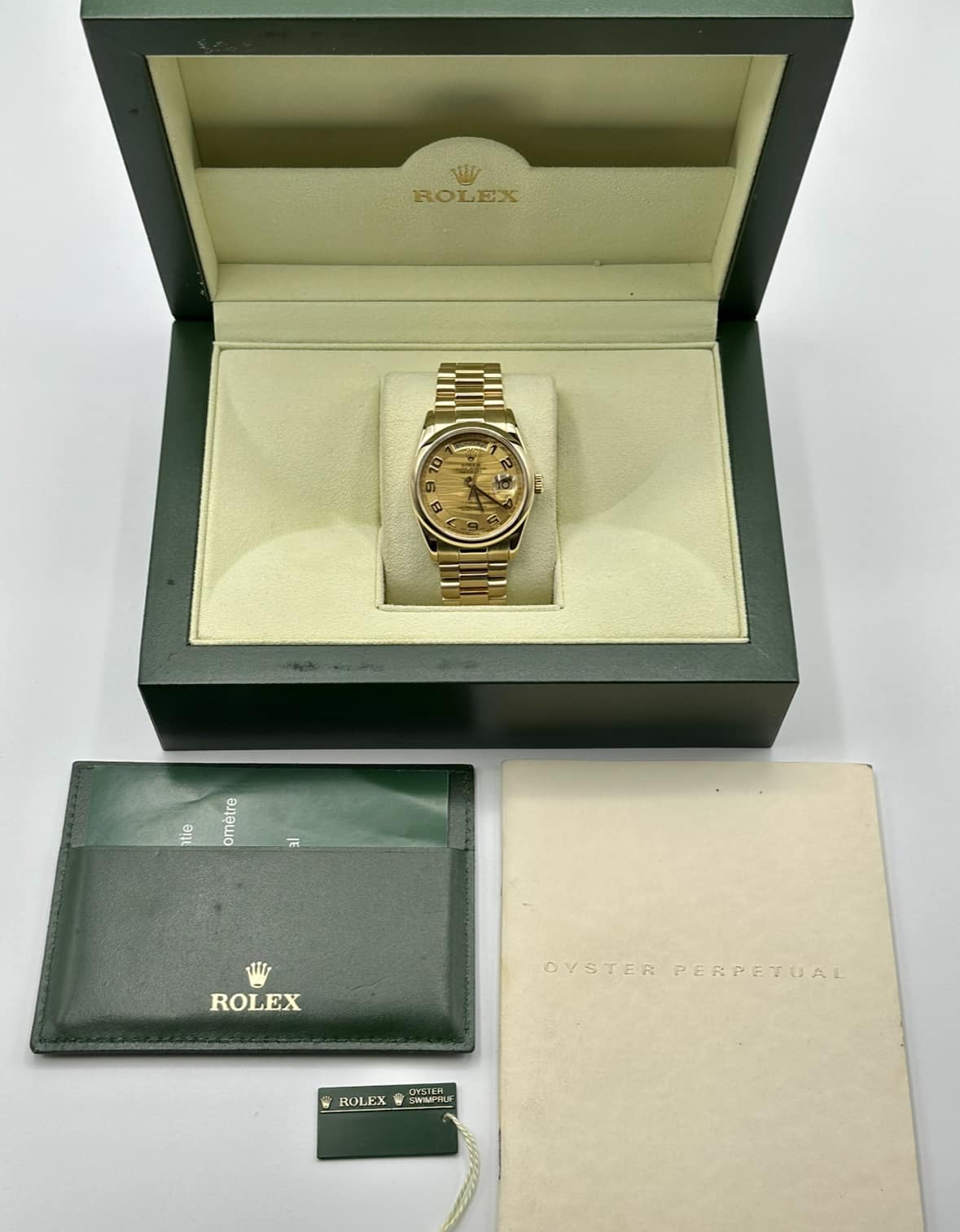 2000 Rolex Day-Date 36mm 118208 Presidential Champagne Wave Dial - MyWatchLLC