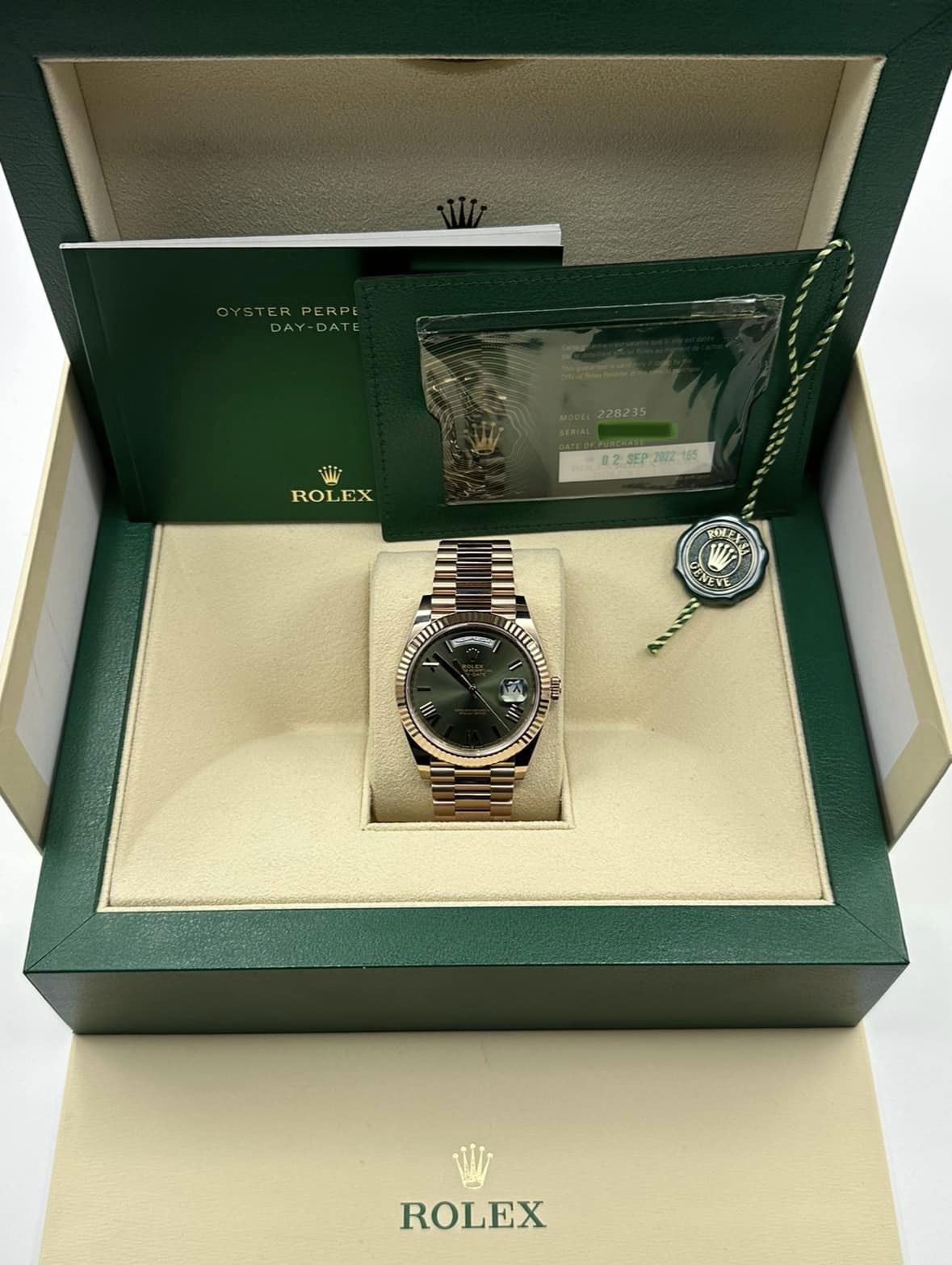 NEW 2022 Rolex Day-Date 40 228238 Rose Gold Olive Dial Arabic Calendar - MyWatchLLC