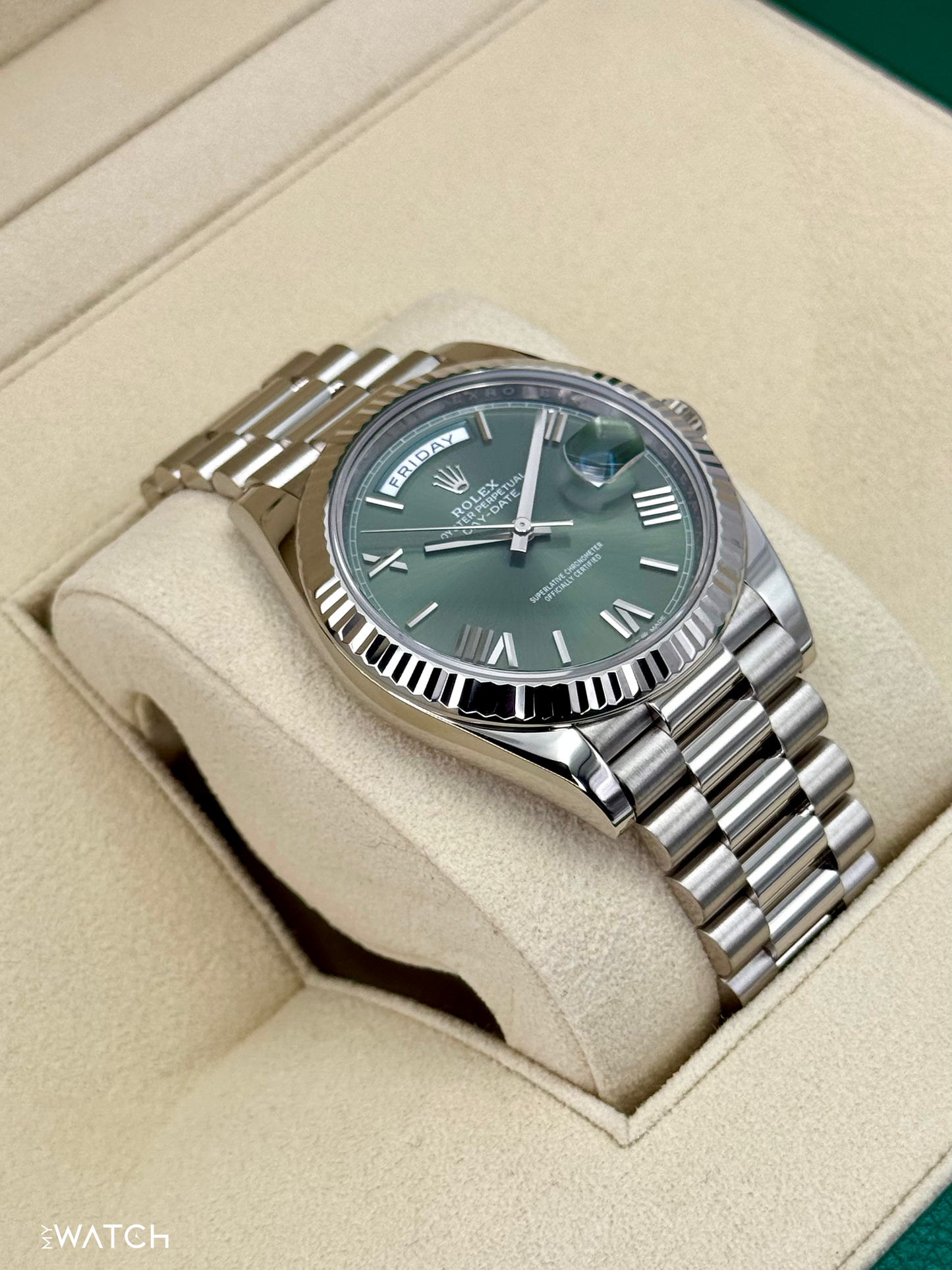 2022 Rolex Day-Date 40mm 228239 White Gold Olive Dial - MyWatchLLC