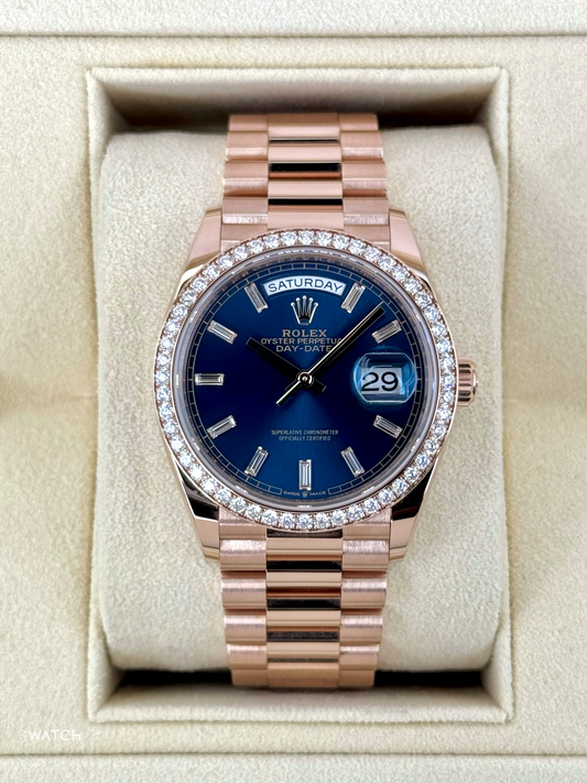 NEW 2025 Rolex Day-Date 36mm 128345RBR Rose Gold Blue Baguette Dial - MyWatchLLC