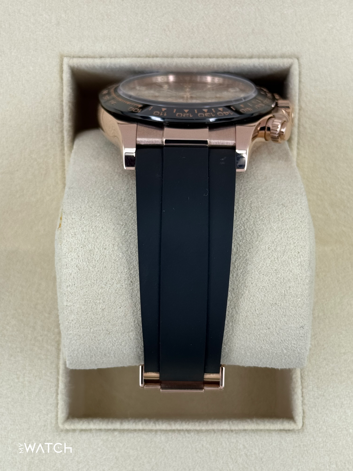 2022 Rolex Daytona 40mm 116515LN Rose Gold Oysterflex Sundust Baguette Dial - MyWatchLLC