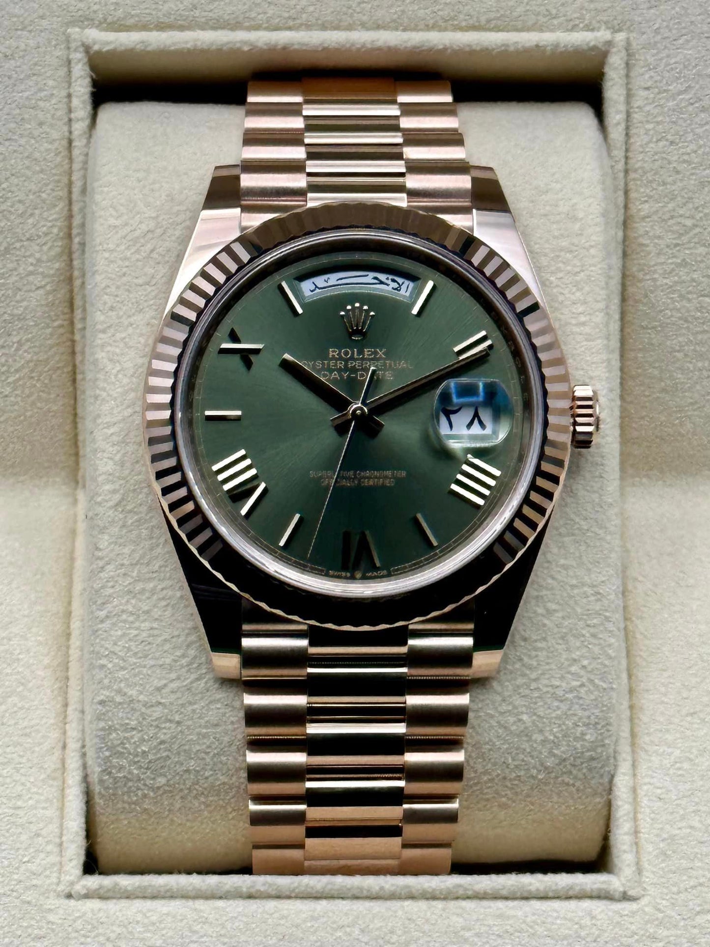 NEW 2022 Rolex Day-Date 40 228238 Rose Gold Olive Dial Arabic Calendar - MyWatchLLC