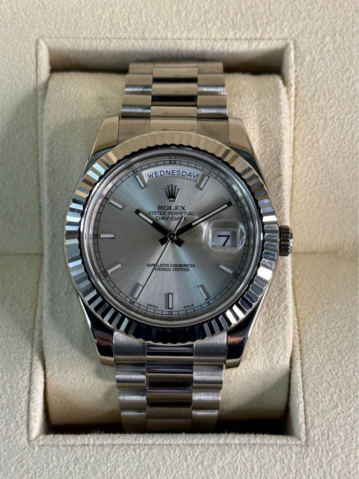 2013 Rolex Day-Date 41mm 218239 White Gold Silver Stick Dial - MyWatchLLC