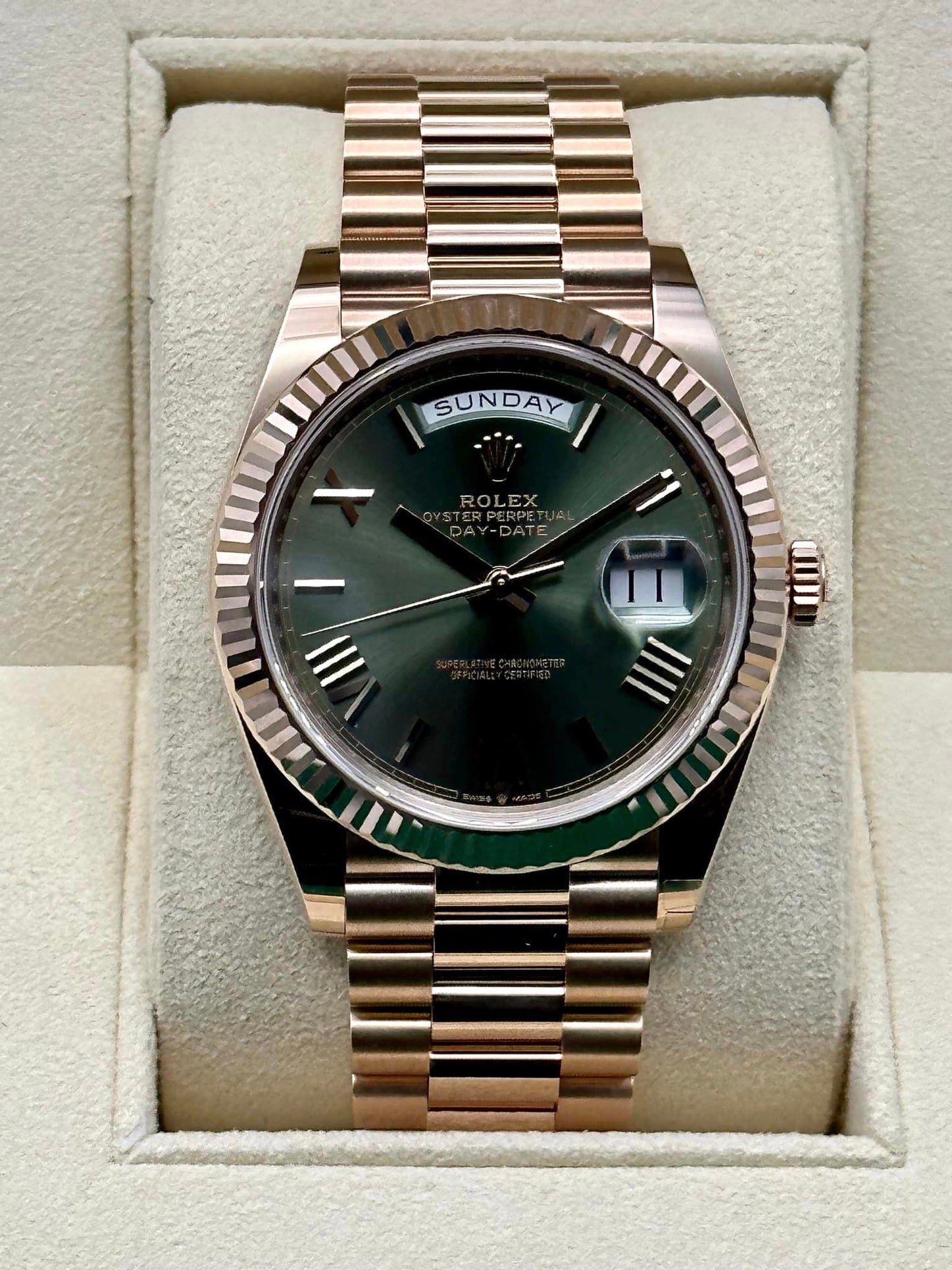 NEW 2020 Rolex Day-Date 40mm 228235 Rose Gold Green Roman Numerals - MyWatchLLC