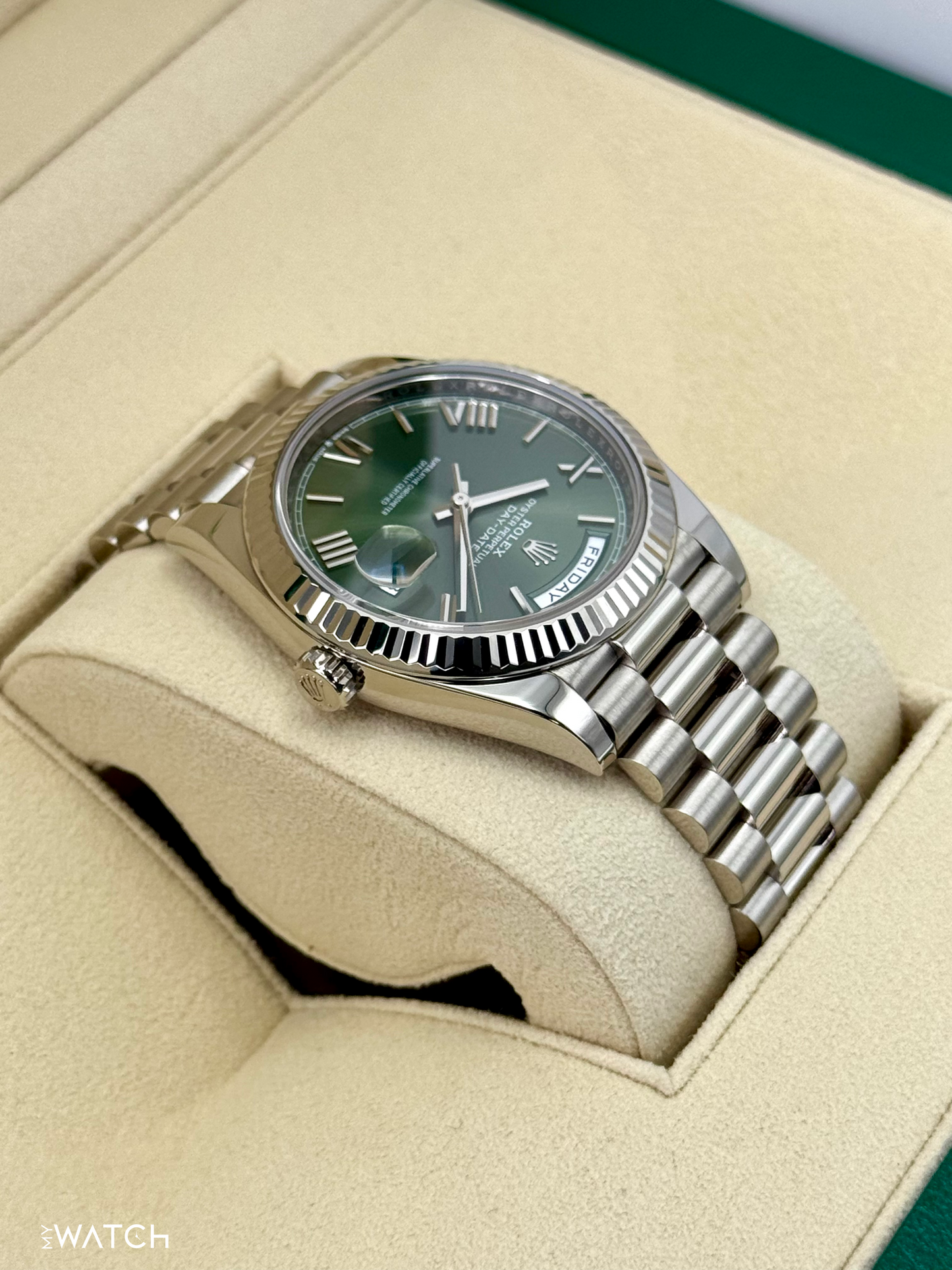 2022 Rolex Day-Date 40mm 228239 White Gold Olive Dial - MyWatchLLC