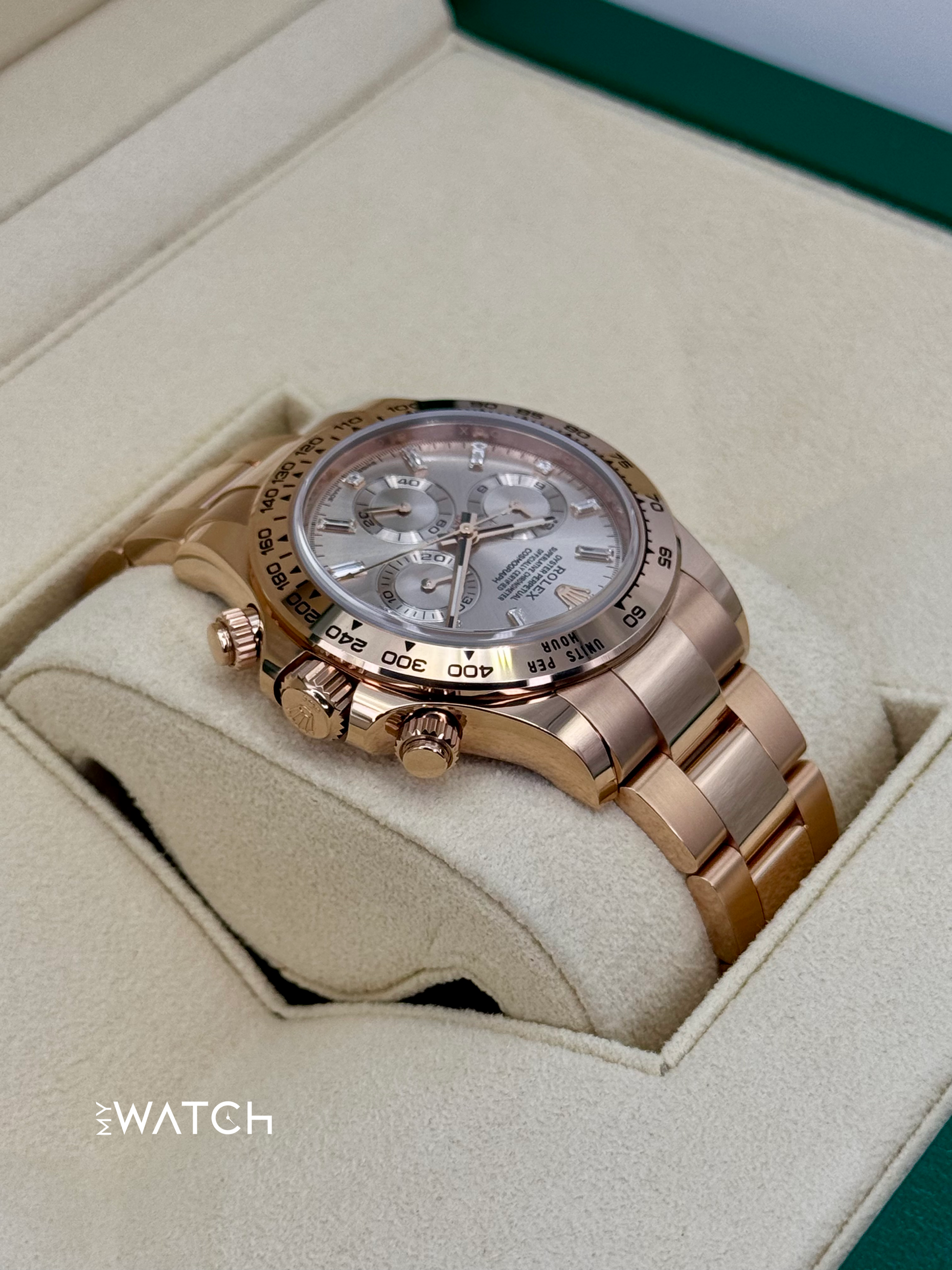 2022 Rolex Daytona 40mm 116505 Rose Gold Sundust Diamond Baguette Dial - MyWatchLLC