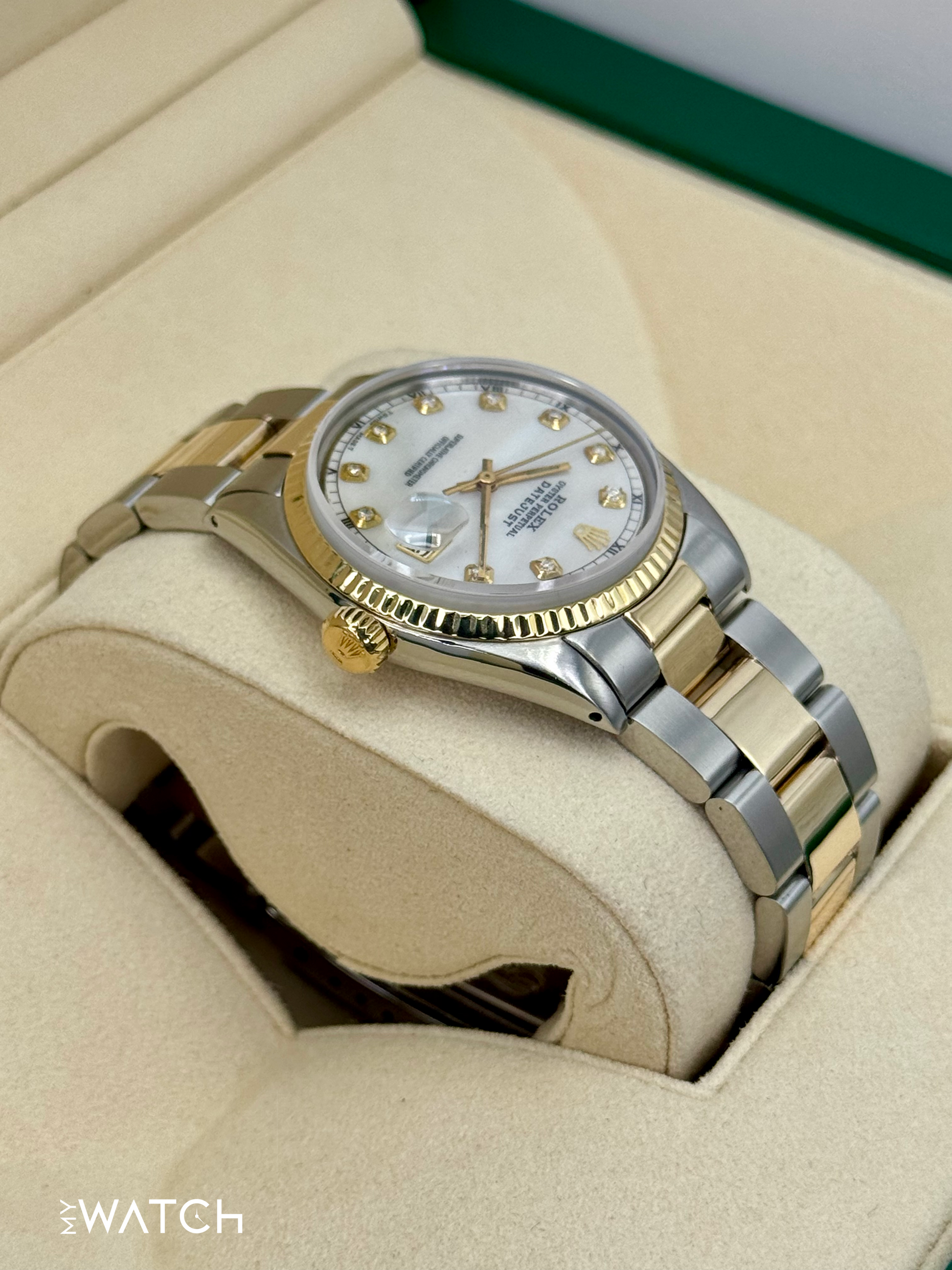 1972 Rolex Datejust 36mm 1601 Two-Tone Oyster Mother of Pearl Diamond Dial - MyWatchLLC