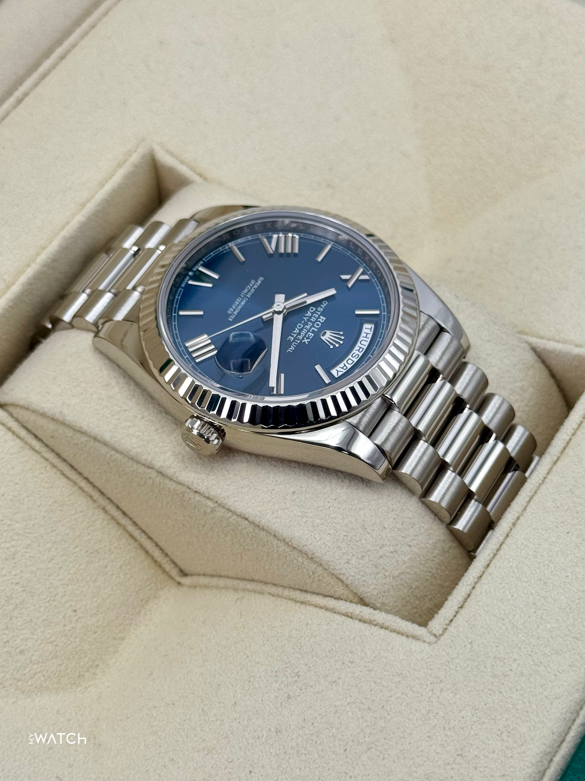 2021 Rolex Day-Date 40mm 228239 White Gold Blue Dial - MyWatchLLC