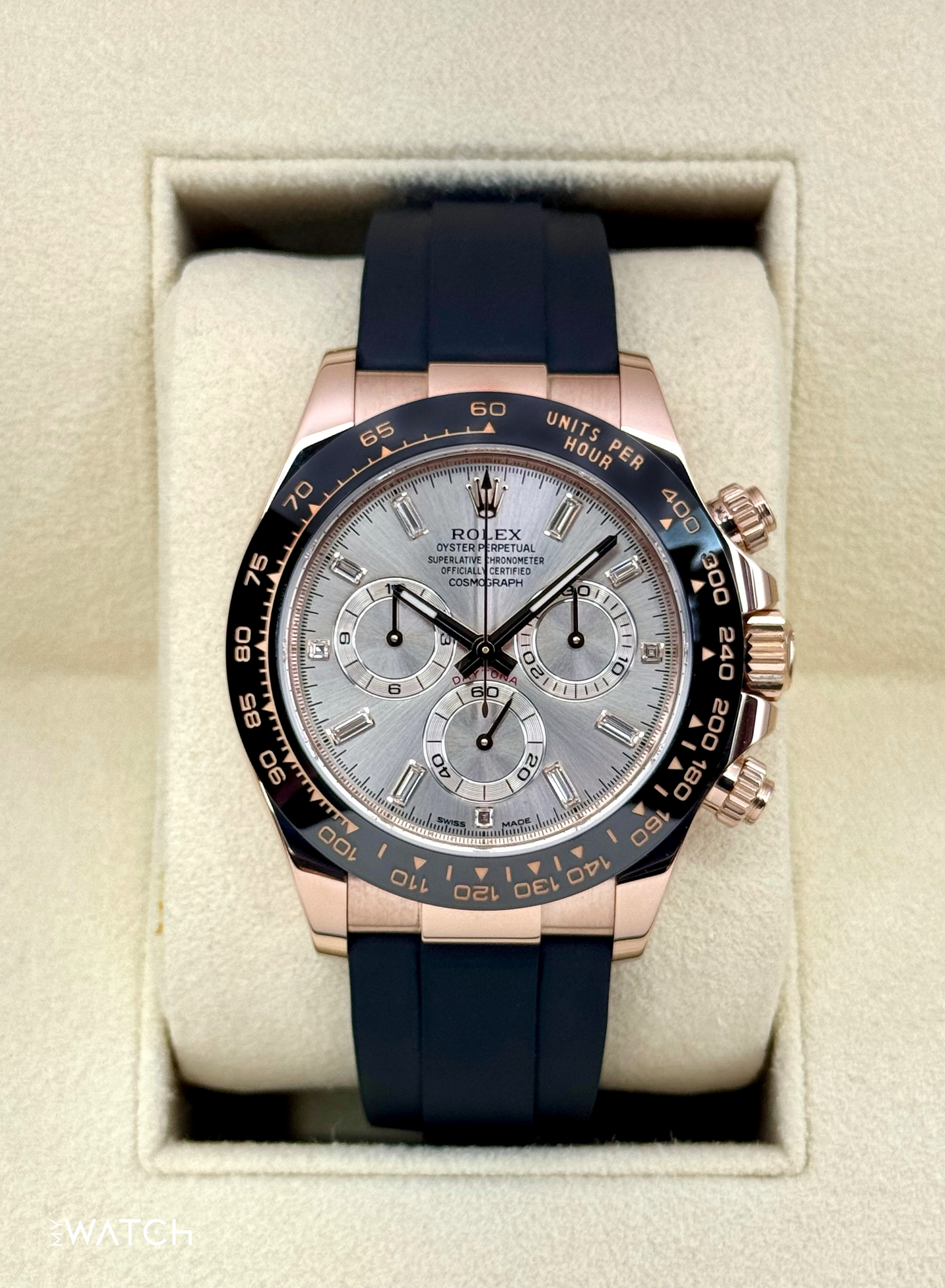 2022 Rolex Daytona 40mm 116515LN Rose Gold Oysterflex Sundust Baguette Dial - MyWatchLLC