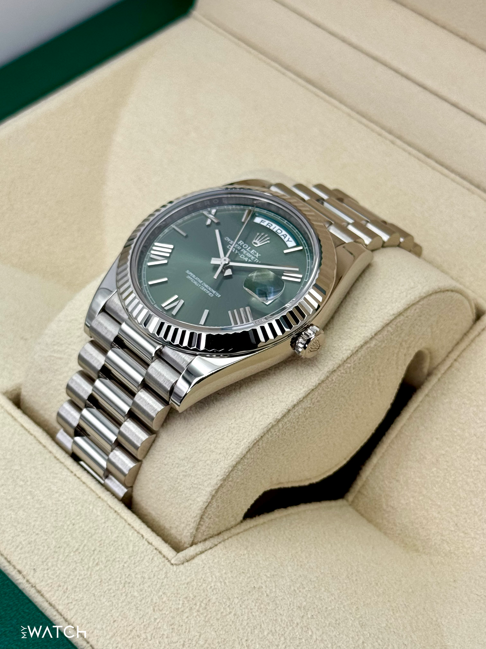 2022 Rolex Day-Date 40mm 228239 White Gold Olive Dial - MyWatchLLC