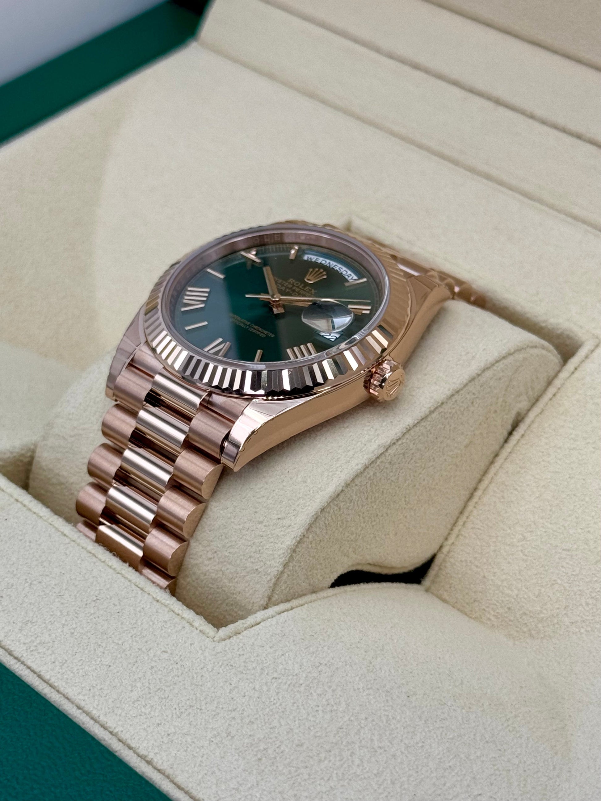 NEW 2025 Rolex Day-Date 40mm 228235 Presidential Rose Gold Olive Dial - MyWatchLLC