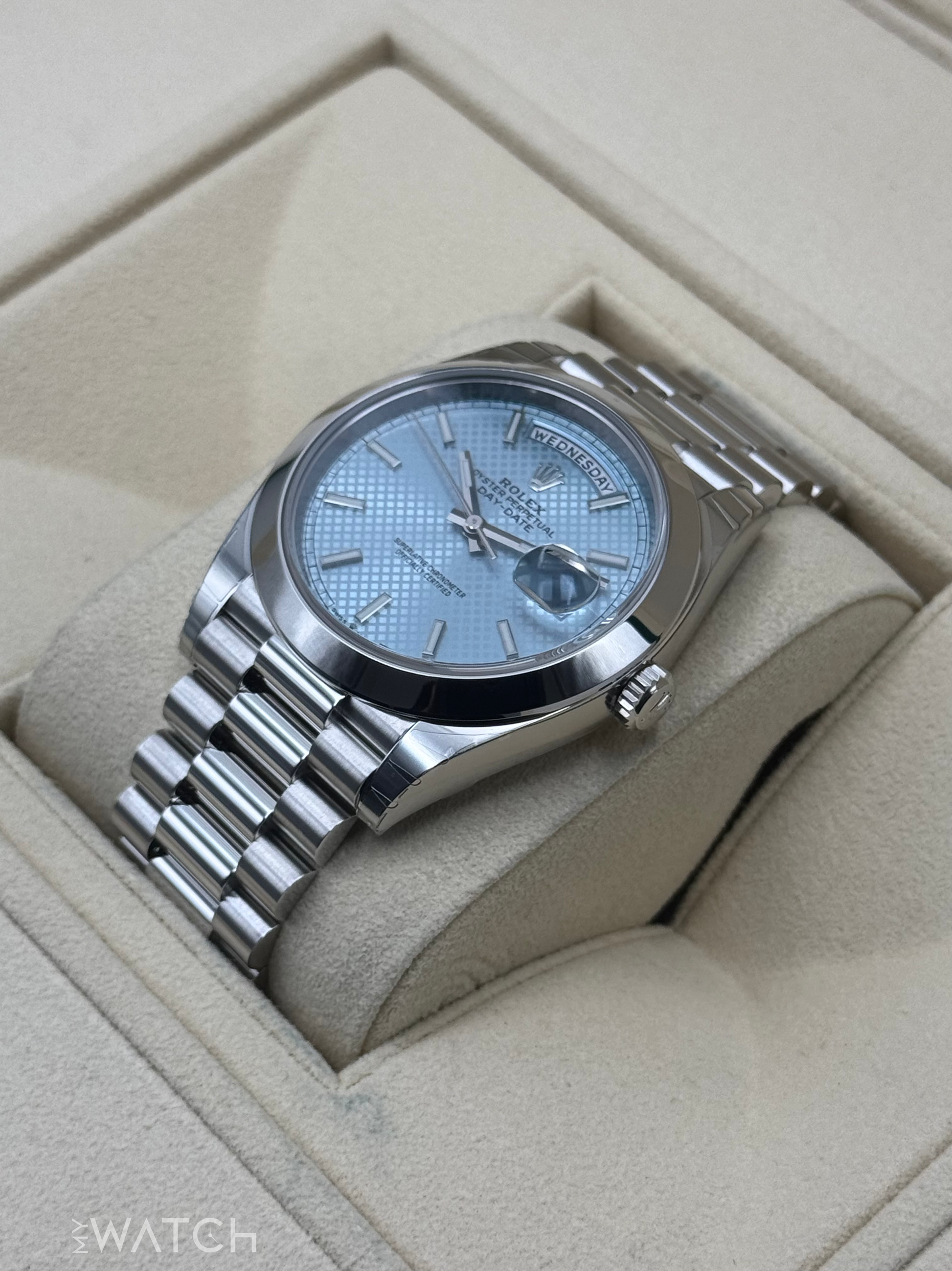 NEW 2024 Rolex Day-Date 40mm 228206 Platinum Blue Motif Dial - MyWatchLLC