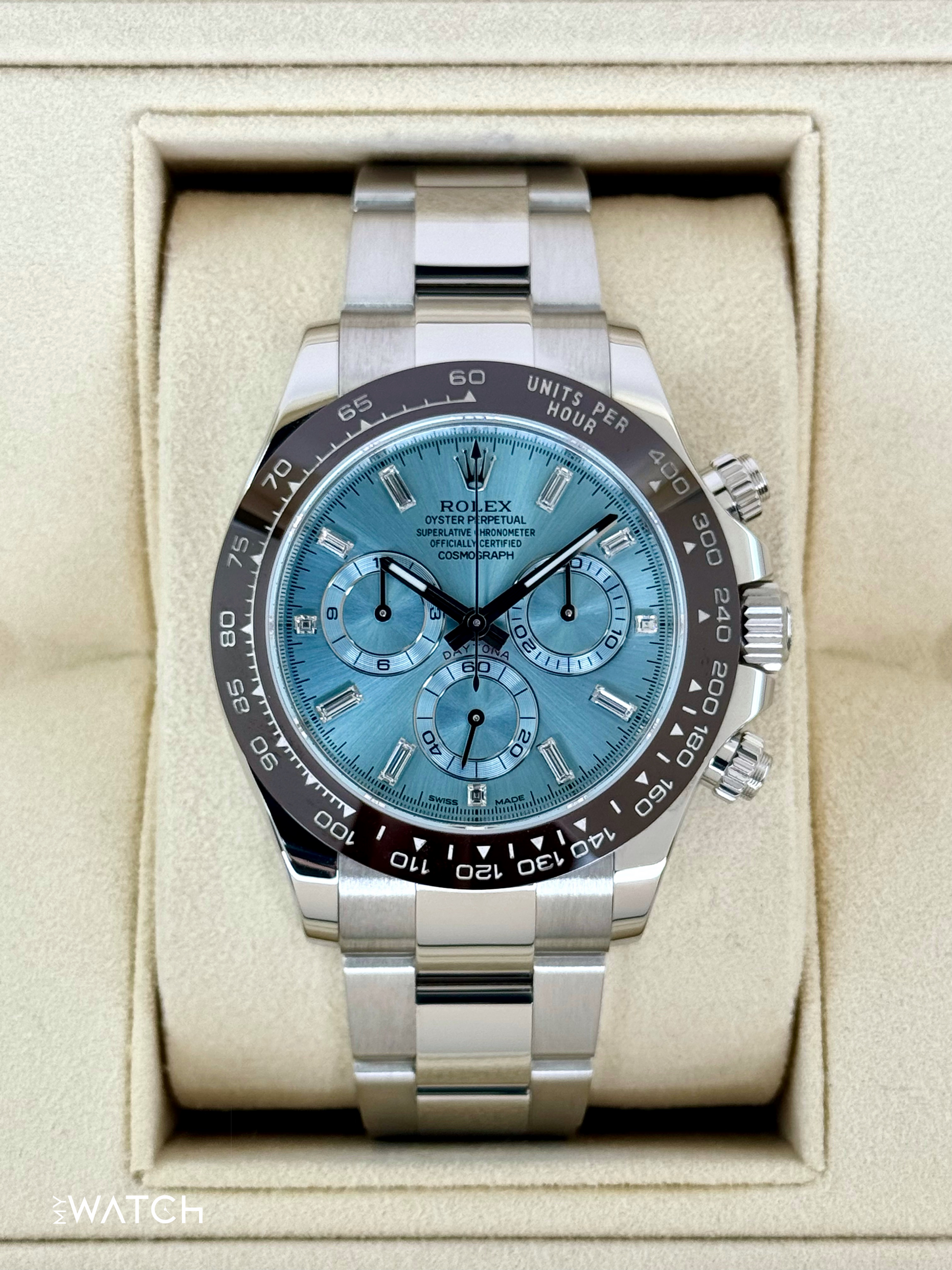 2020 Rolex Daytona 40mm 116506 Platinum Ice Blue Diamond Baguette Dial - MyWatchLLC