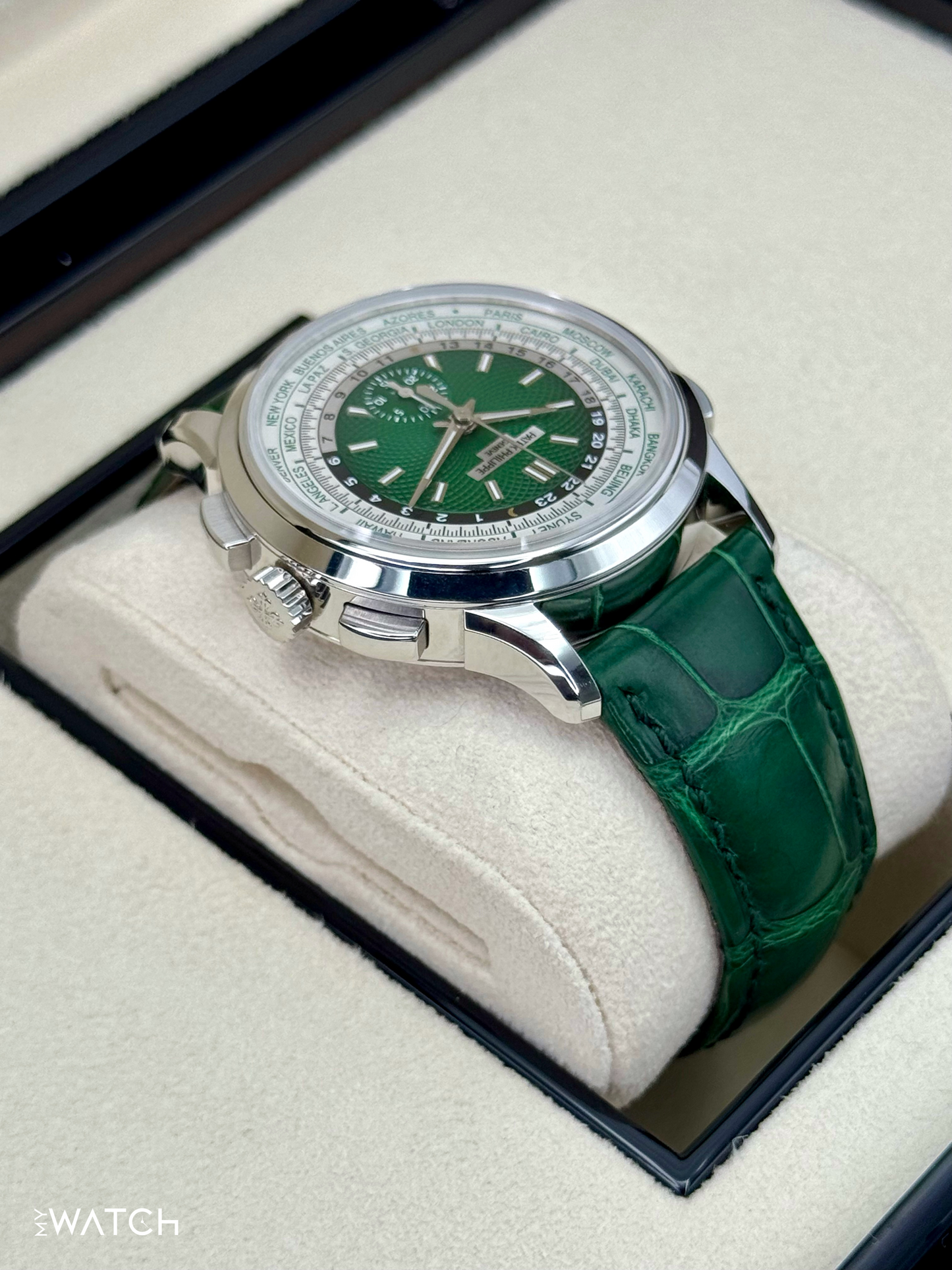 2023 Patek Philippe 5930P World Time Flyback Chronograph Platinum Green Dial - MyWatchLLC