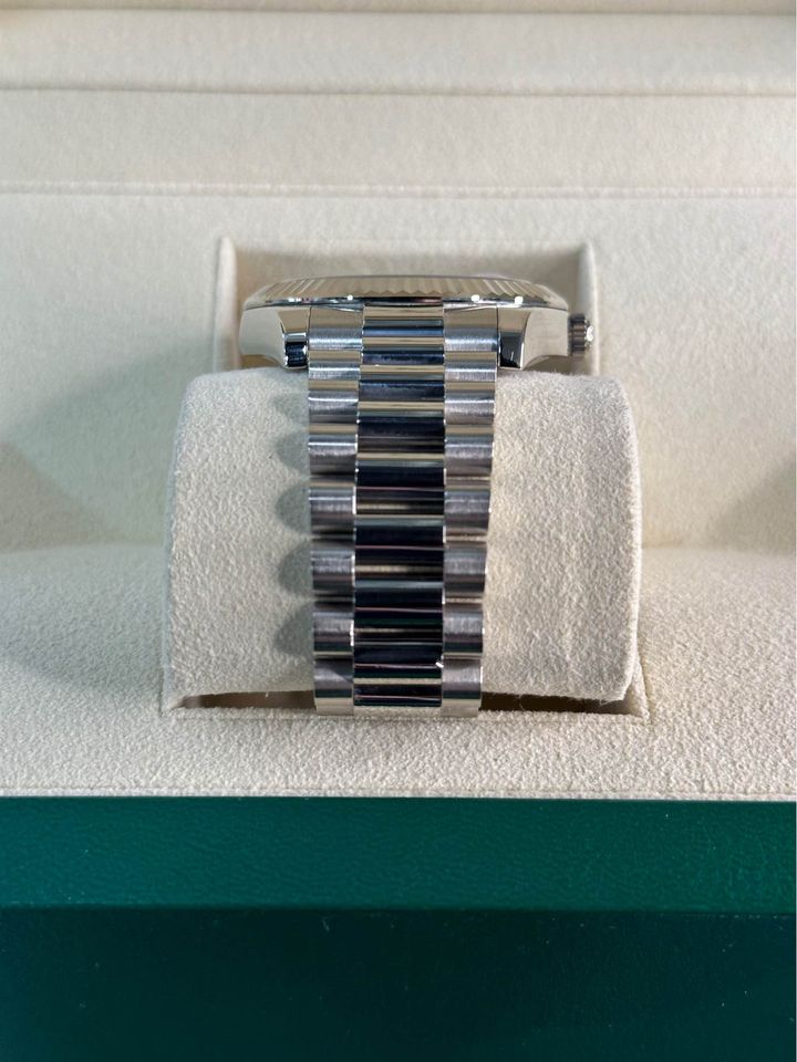 2013 Rolex Day-Date 41mm 218239 White Gold Silver Stick Dial - MyWatchLLC