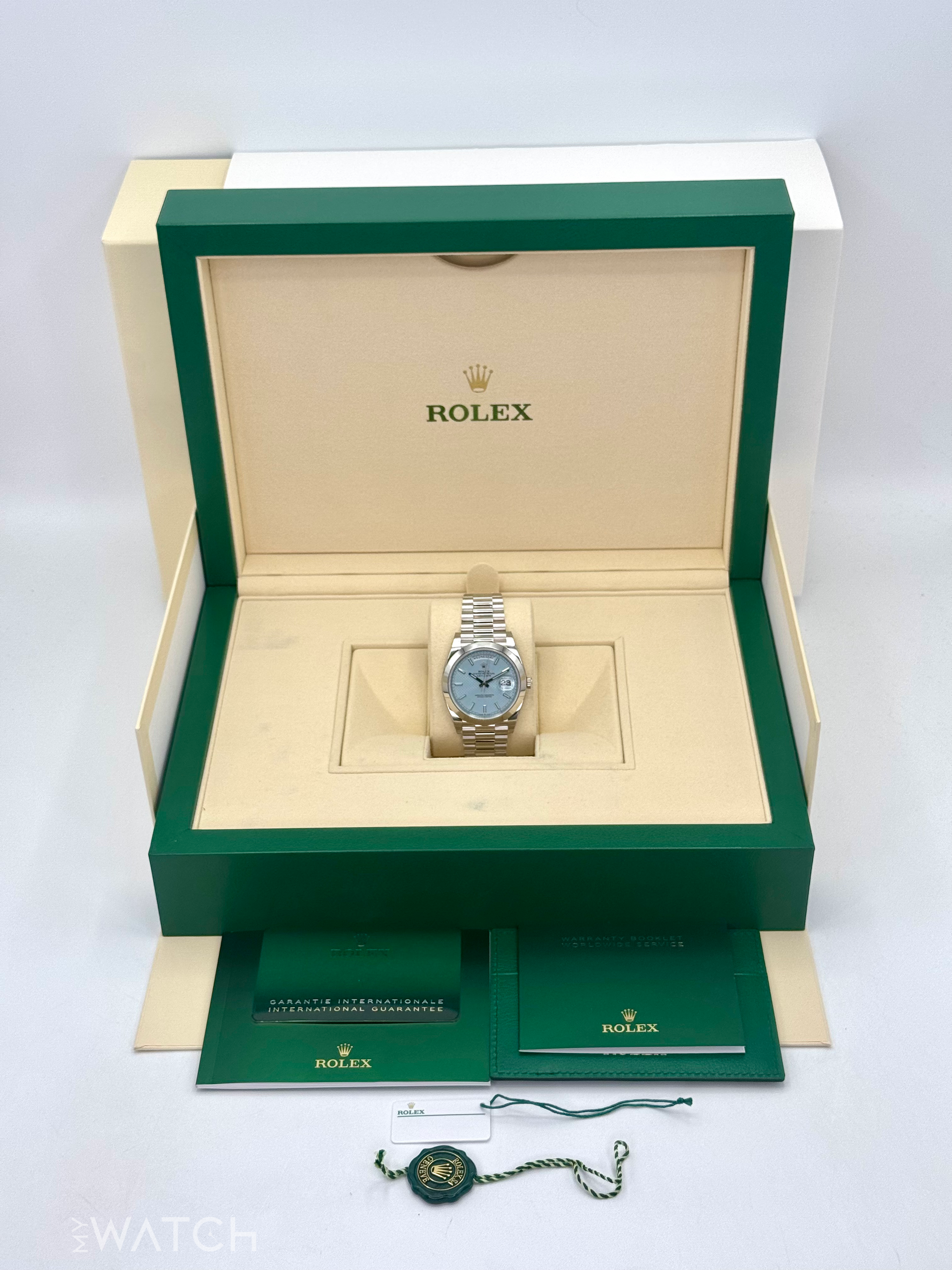 NEW 2024 Rolex Day-Date 40mm 228206 Platinum Blue Motif Dial - MyWatchLLC