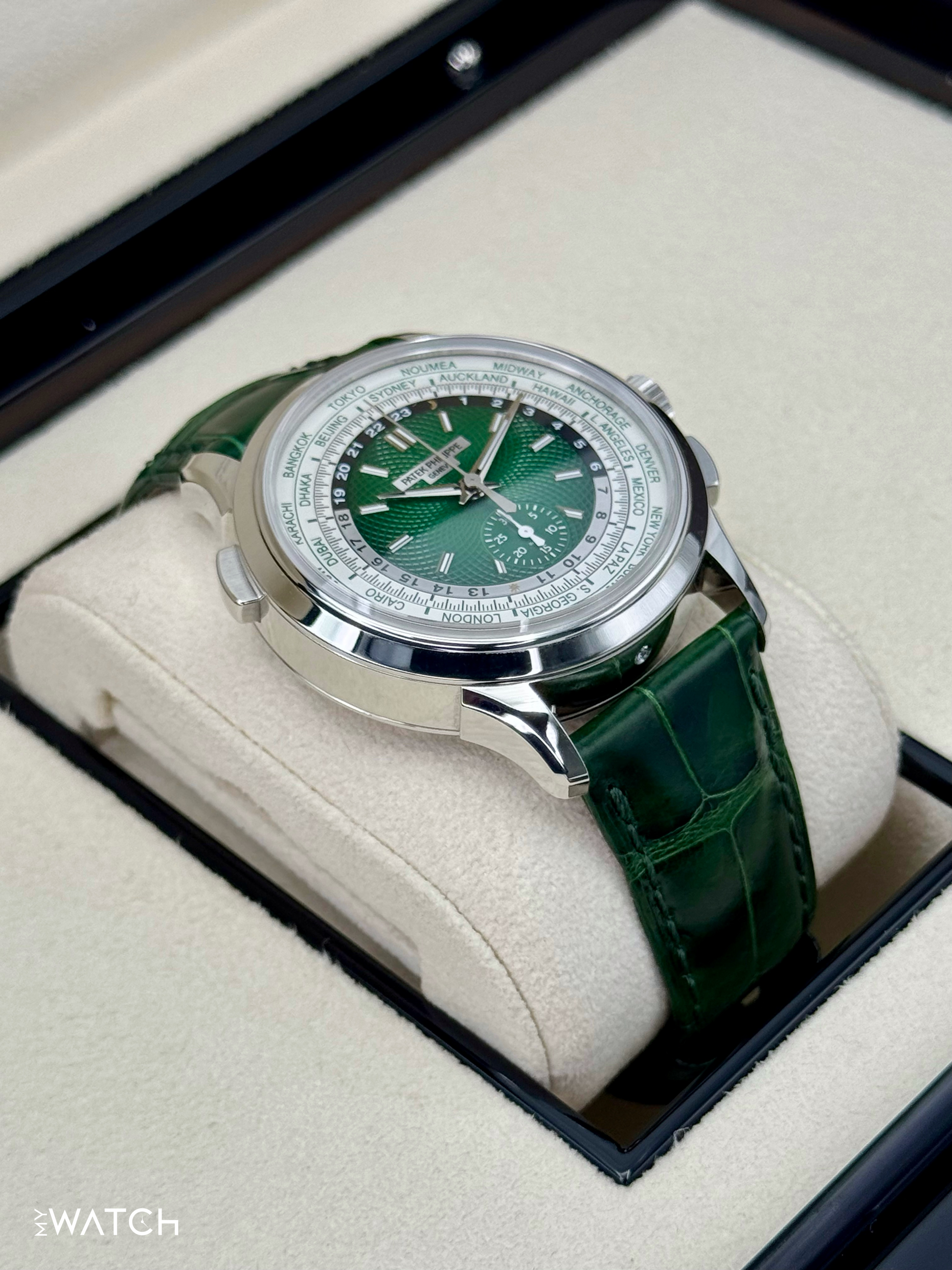 2023 Patek Philippe 5930P World Time Flyback Chronograph Platinum Green Dial - MyWatchLLC