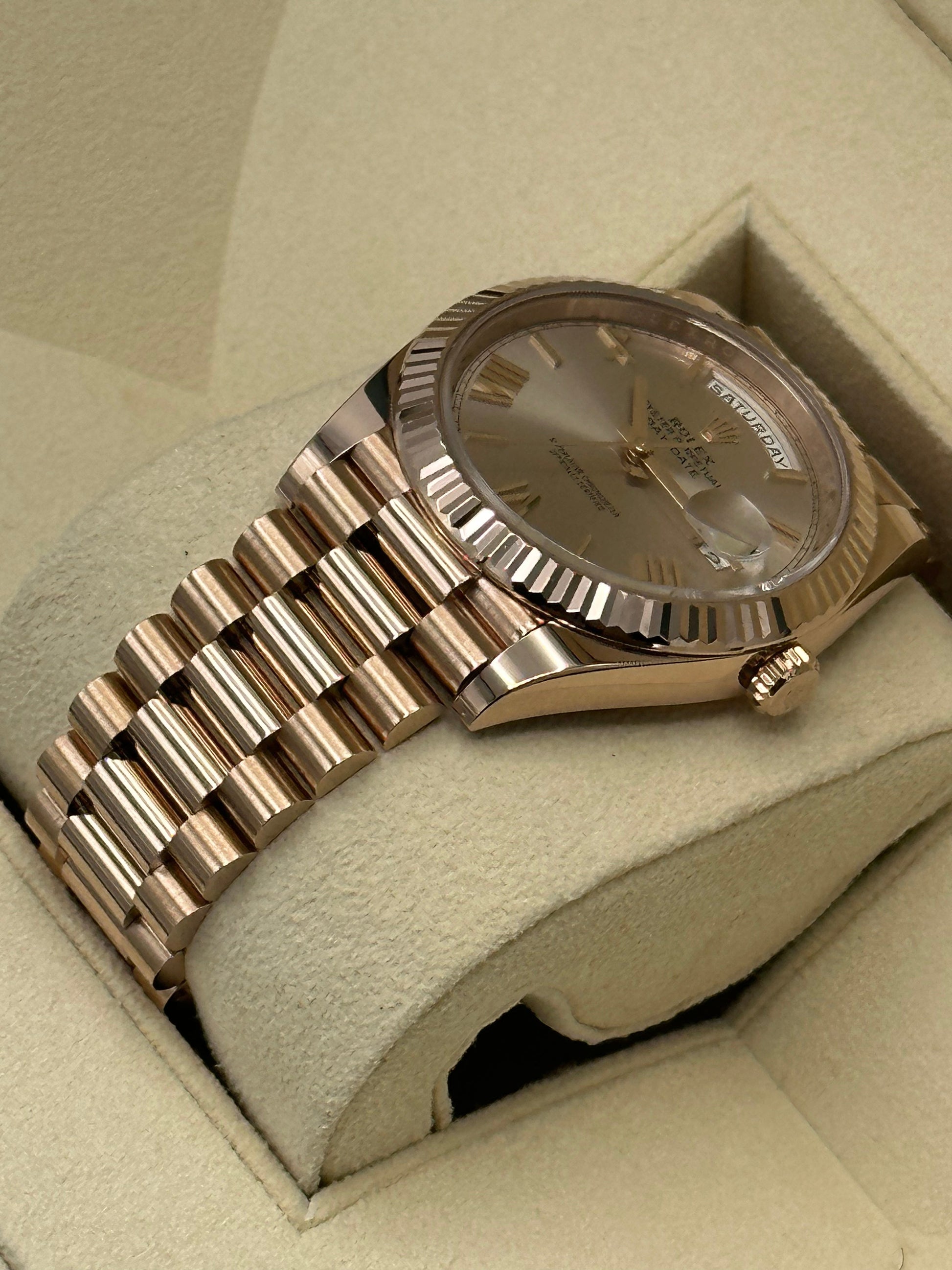 2021 Rolex Day-Date 40mm 228235 Rose Gold Sundust Roman Numeral Dial - MyWatchLLC