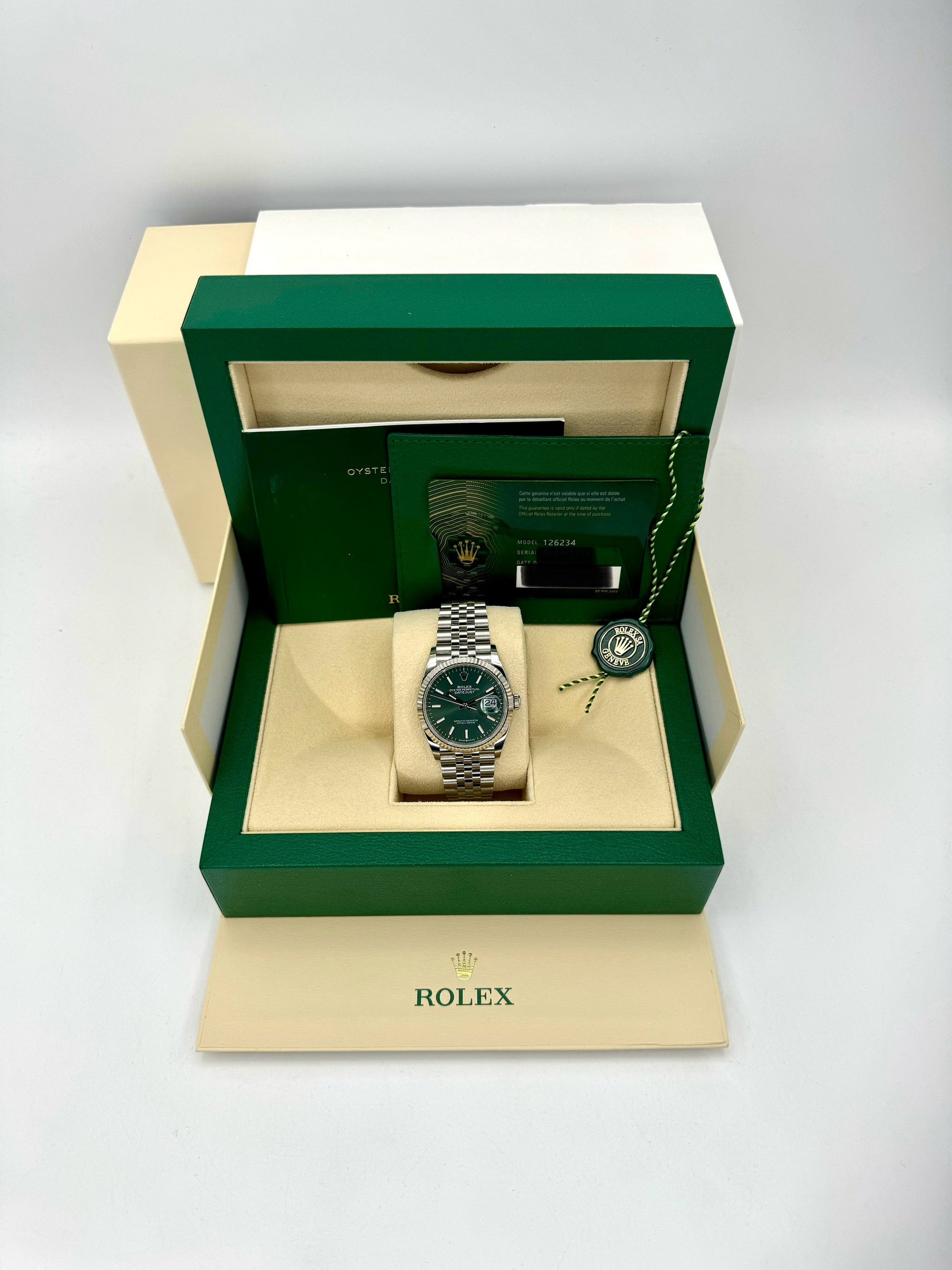 NEW 2023 Rolex Datejust 36mm 126234 Stainless Steel Jubilee Green Dial - MyWatchLLC