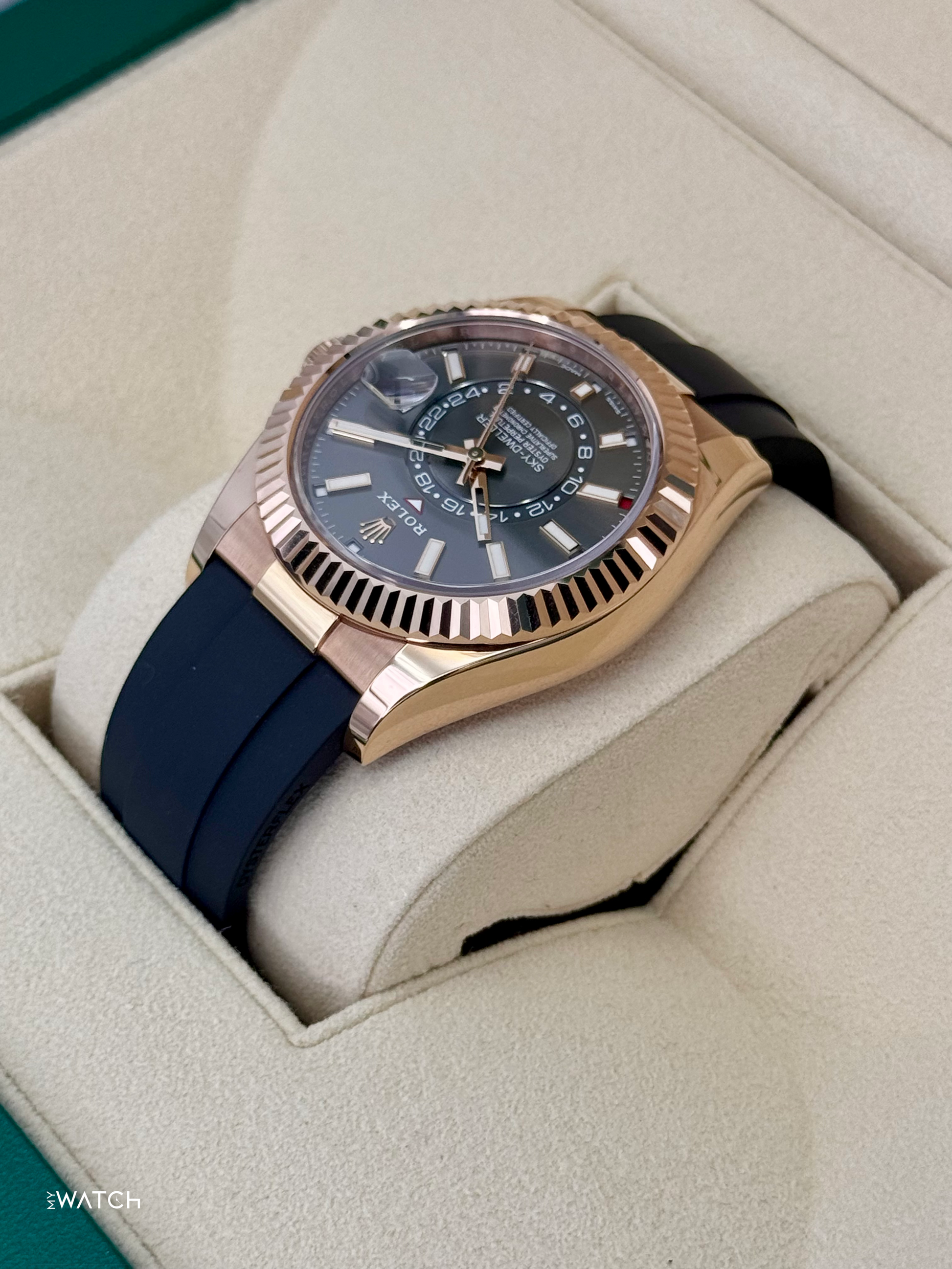 2022 Rolex Sky-Dweller 42mm 326235 Rose Gold Oysterflex Rhodium Dial - MyWatchLLC