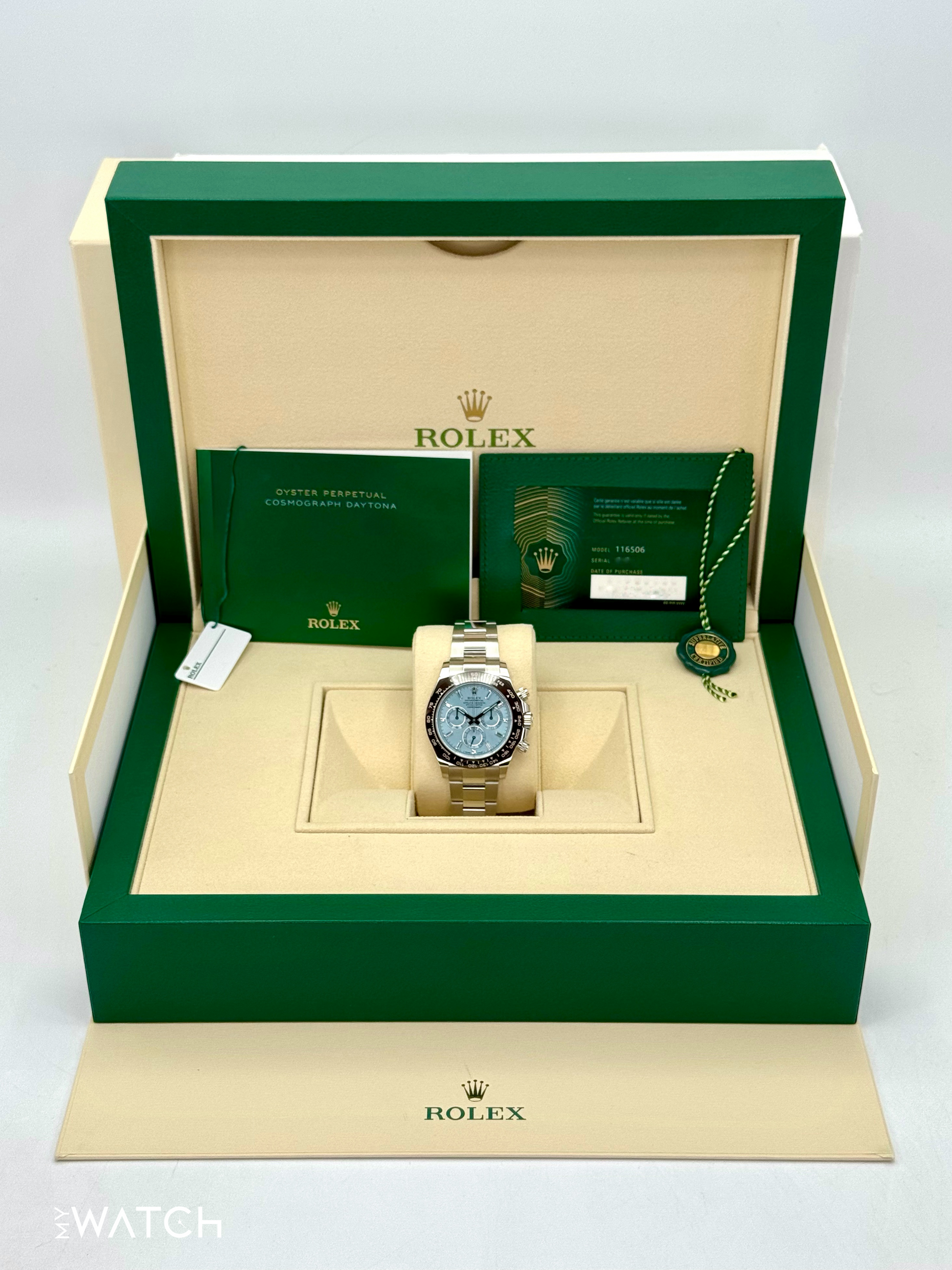 2022 Rolex Daytona 40mm 116506 Platinum Ice Blue Diamond Baguette Dial - MyWatchLLC