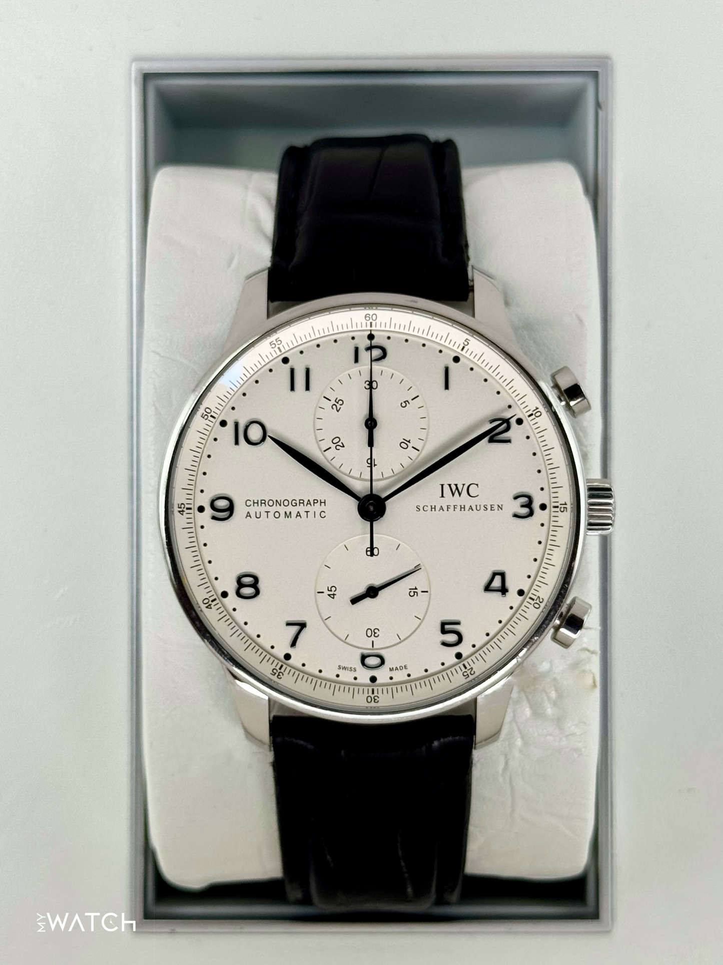 2010 IWC Portuguese Chronograph 41mm IW371417 Stainless Steel White Dial - MyWatchLLC