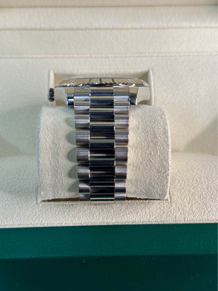 2013 Rolex Day-Date 41mm 218239 White Gold Silver Stick Dial - MyWatchLLC