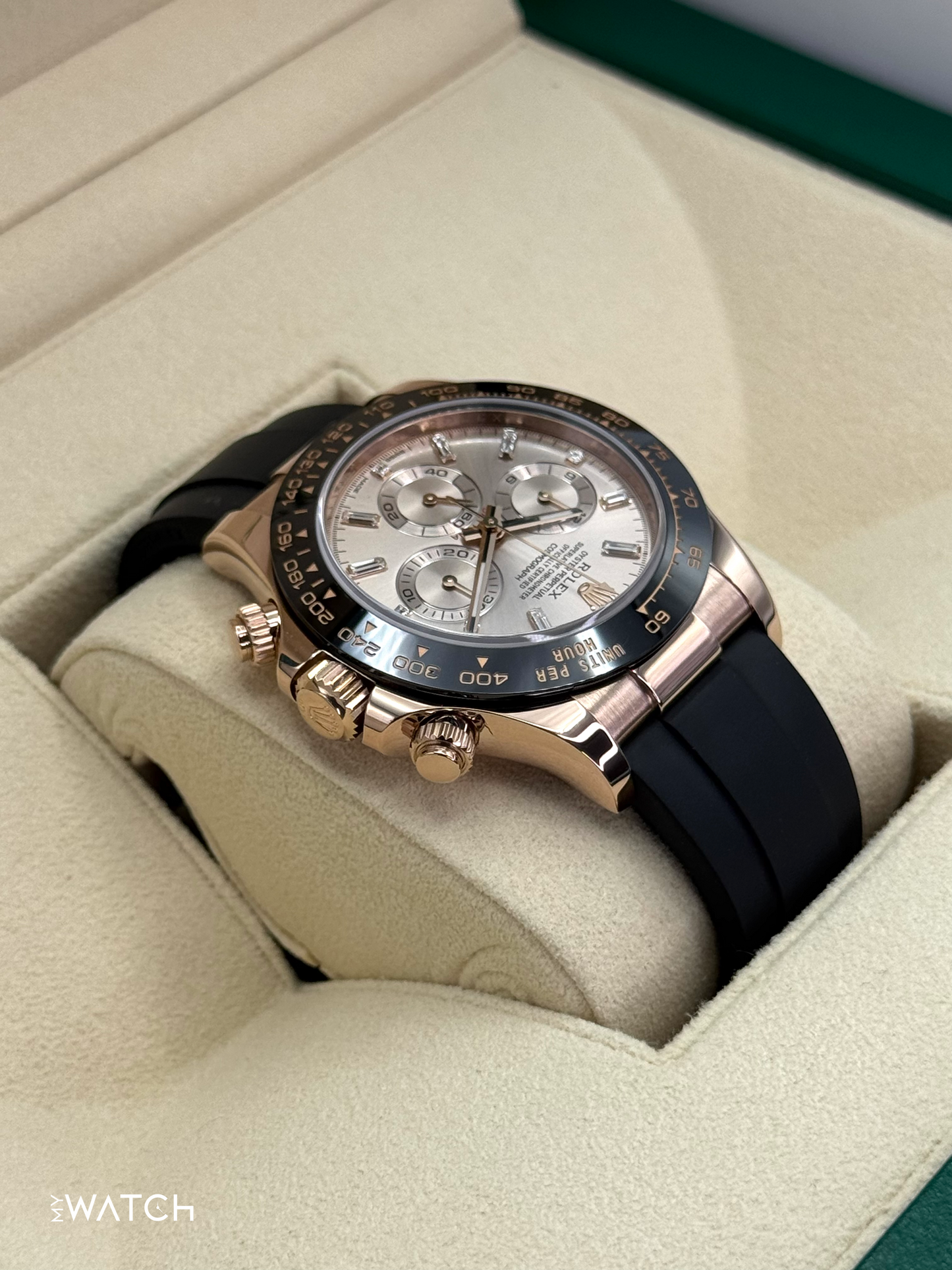 2022 Rolex Daytona 40mm 116515LN Rose Gold Oysterflex Sundust Baguette Dial - MyWatchLLC