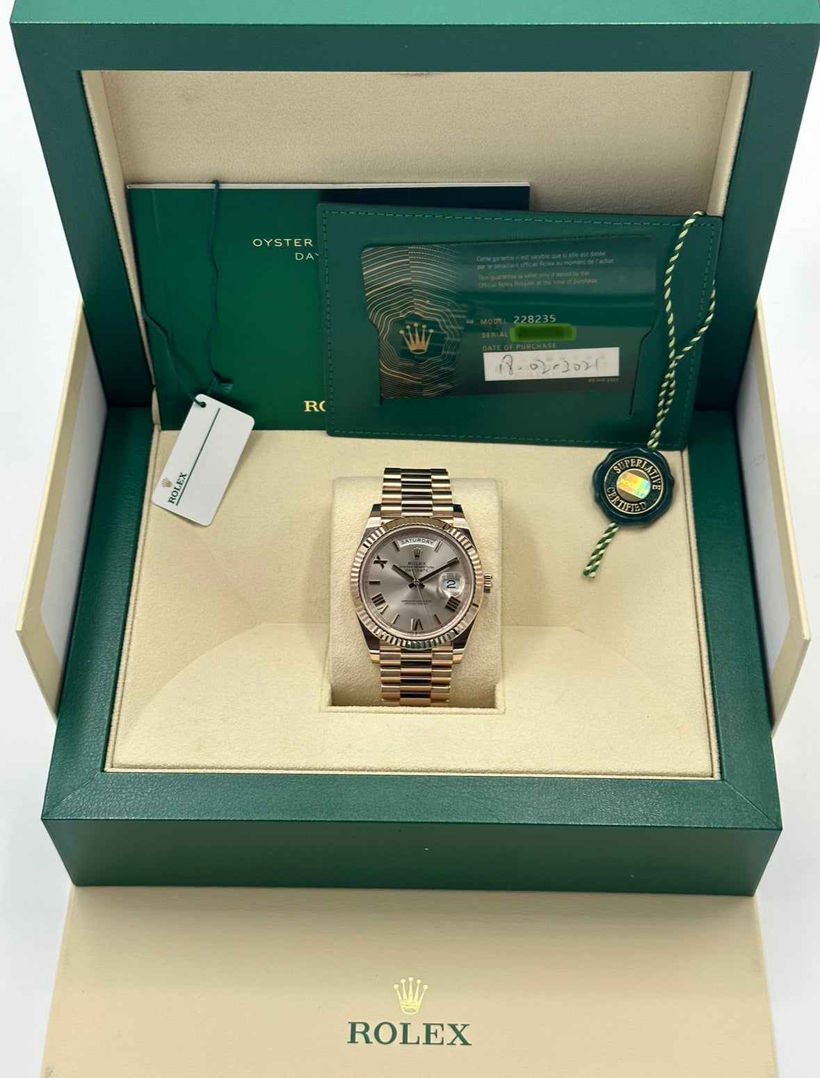 2021 Rolex Day-Date 40mm 228235 Rose Gold Sundust Roman Numeral Dial - MyWatchLLC