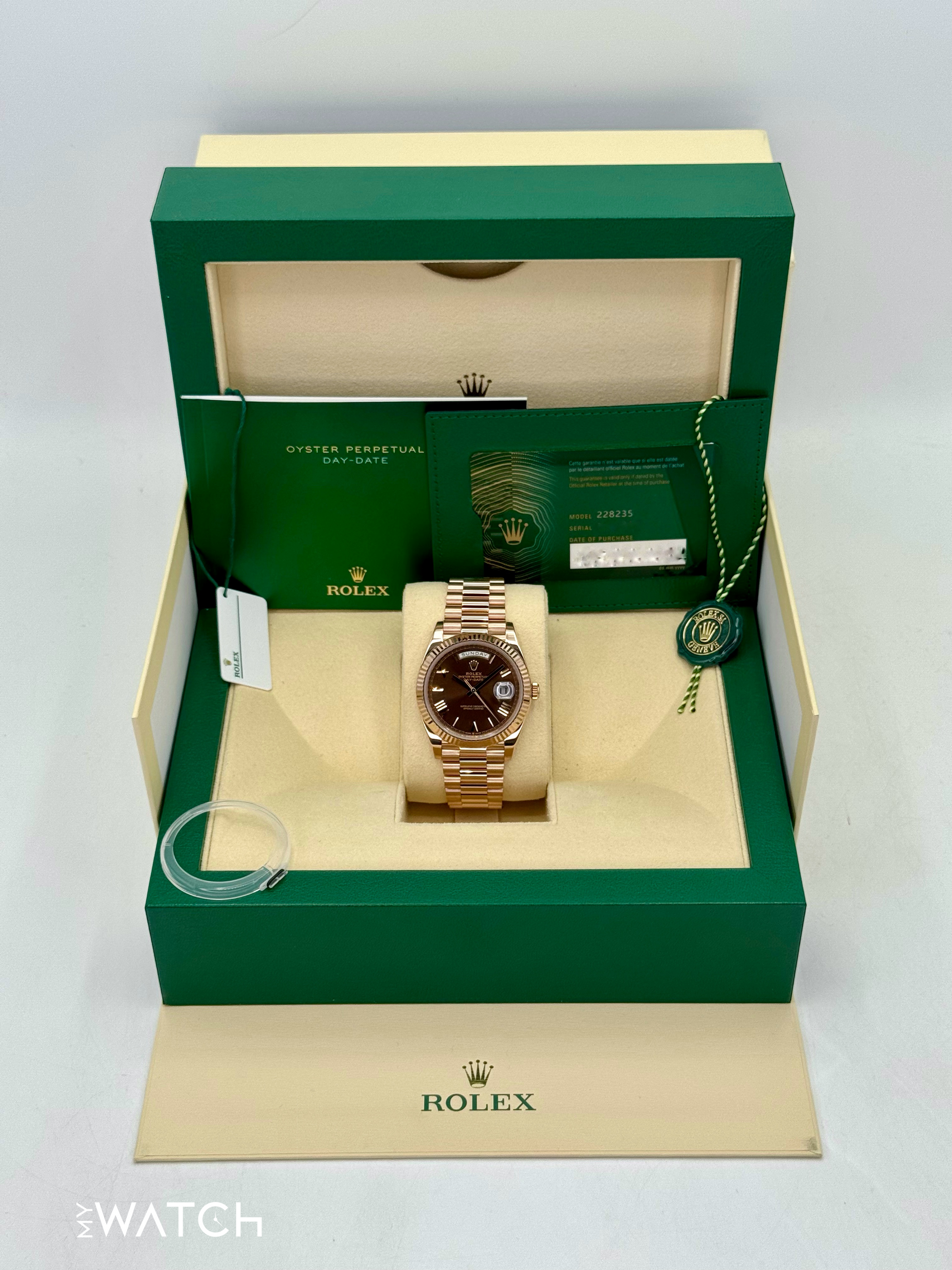 2023 Rolex Day-Date 40mm 228235 Presidential Rose Gold Chocolate Dial - MyWatchLLC